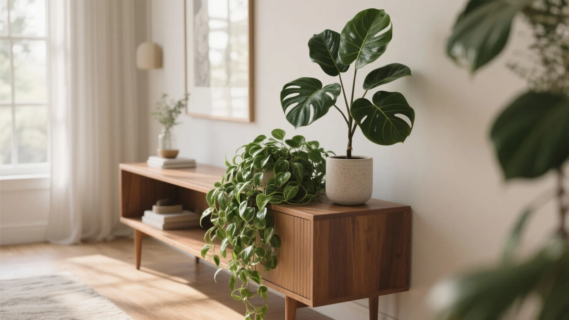 Console table with cascading pothos and fiddle-leaf fig