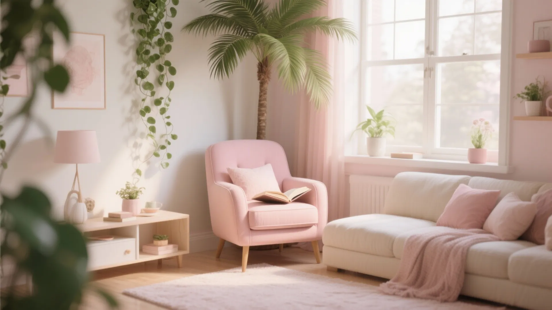 Cozy living room corner with pink armchair white sofa green plants palm tree and natural sunlight