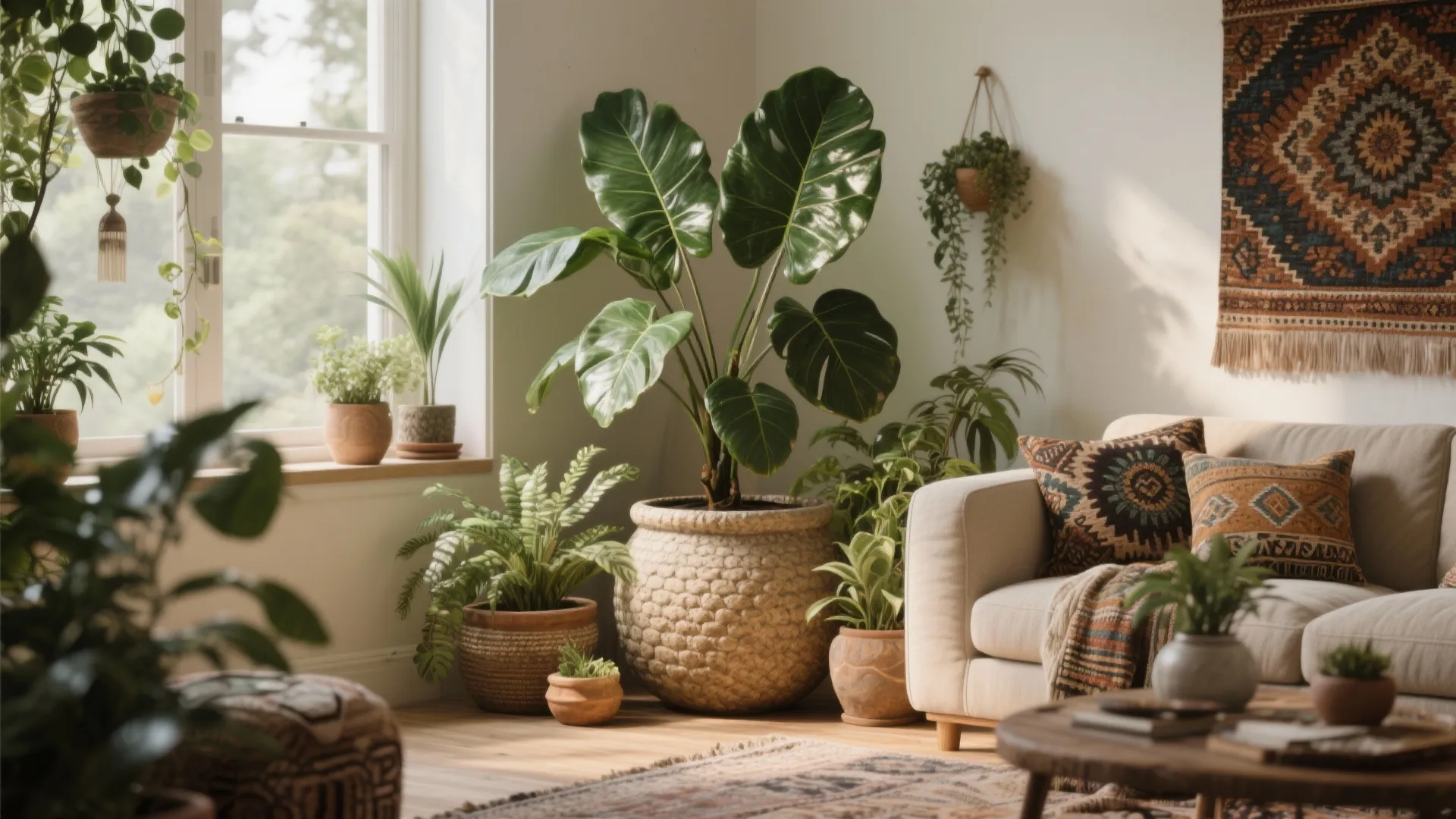 Botanical living room corner with oversized plants and textured pots