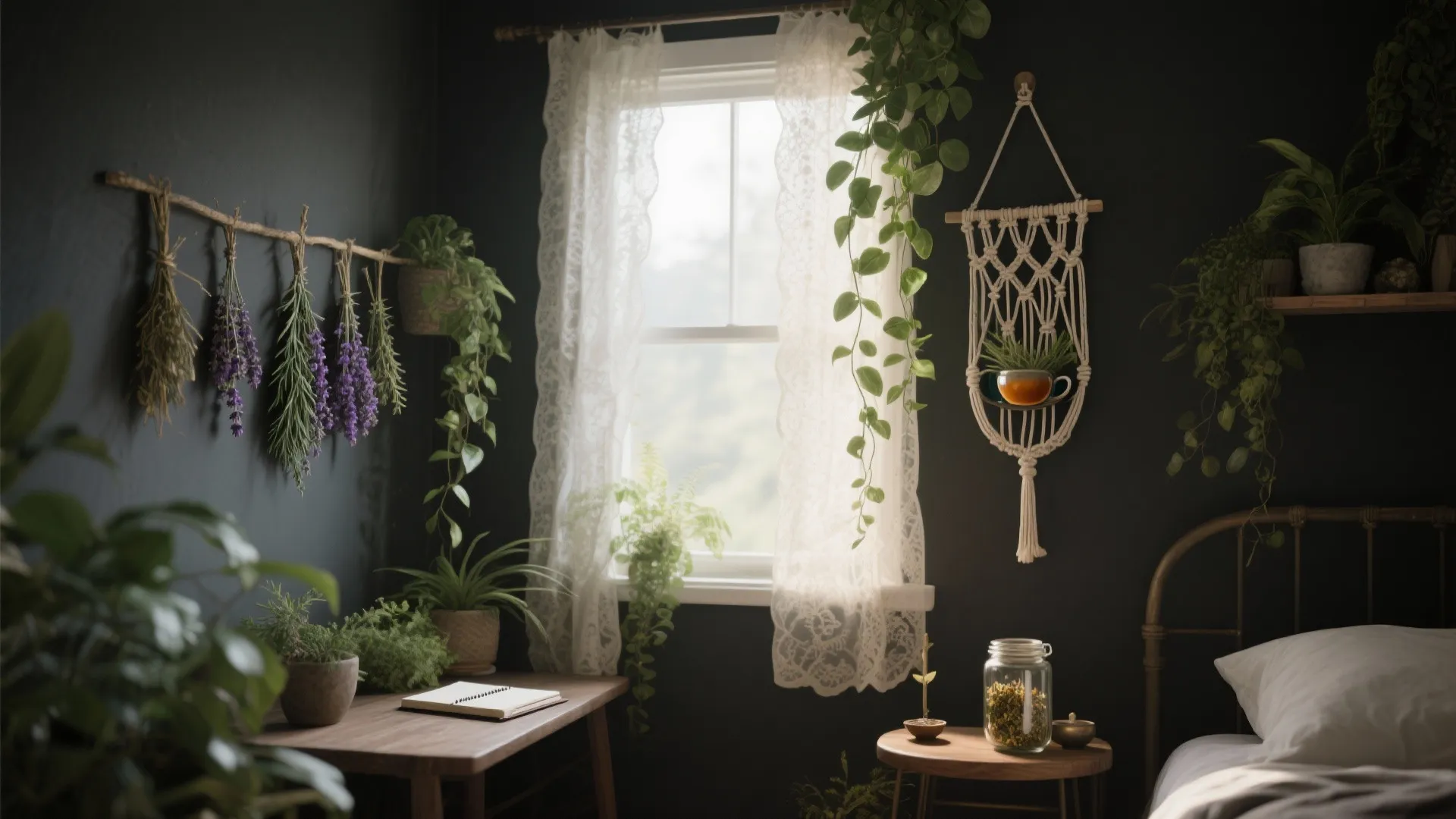 Dark green bedroom wall with white curtain window hanging plants and dried lavender floral decor