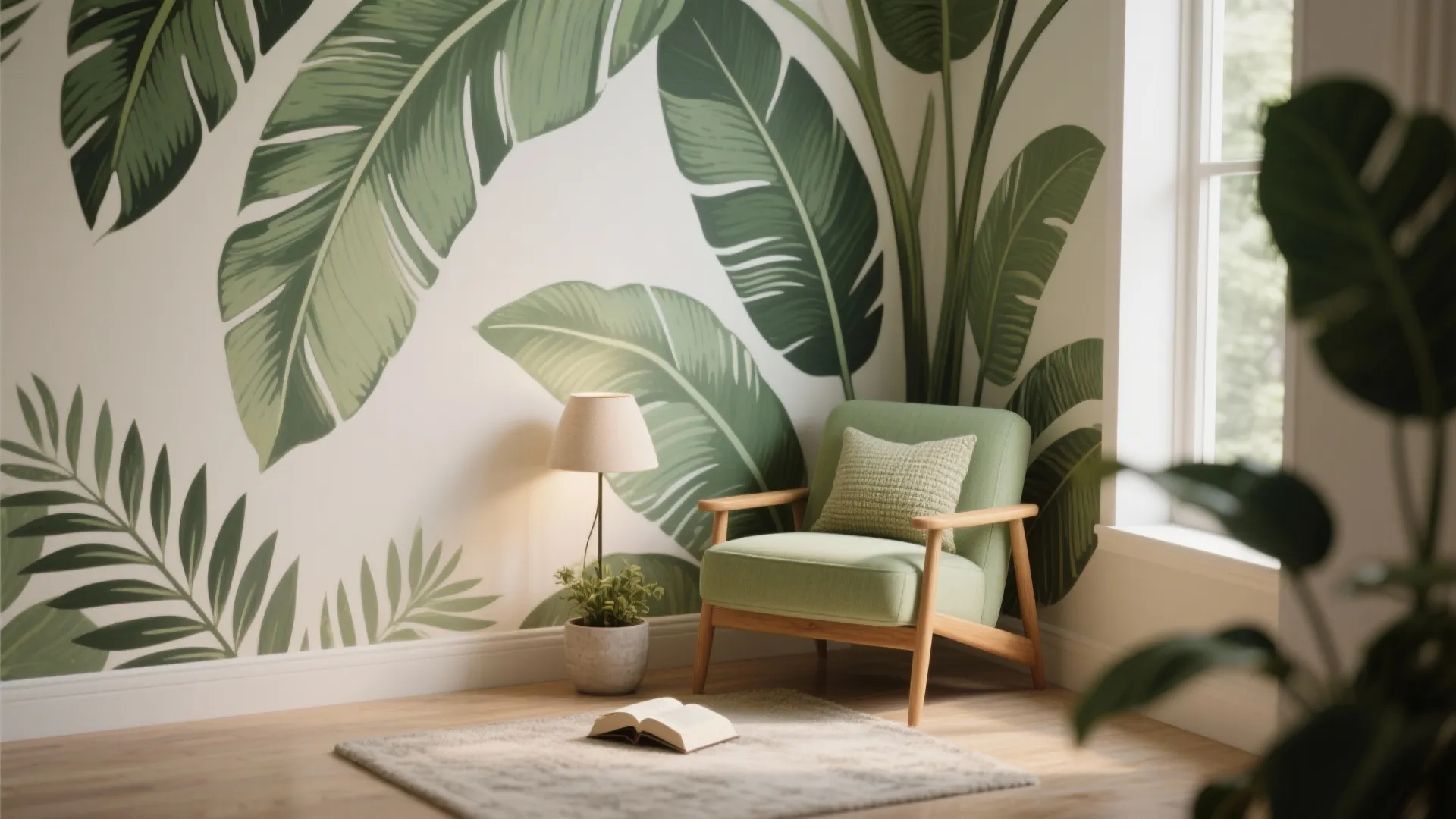 Green armchair in a corner with rug lamp and large leaf pattern on the wall