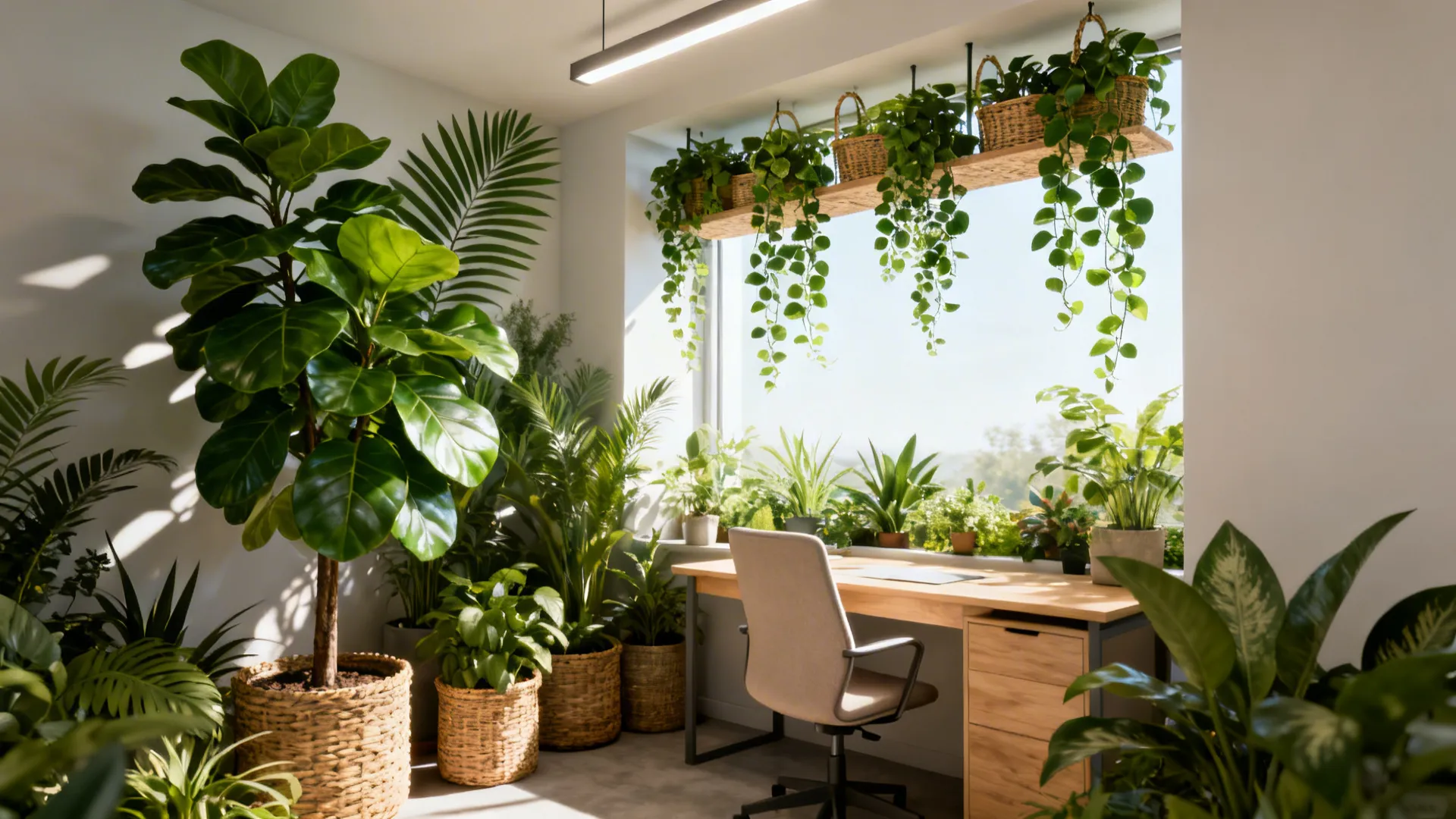 Bright botanical corner office with fiddle leaf fig, hanging pothos, and light wood desk.