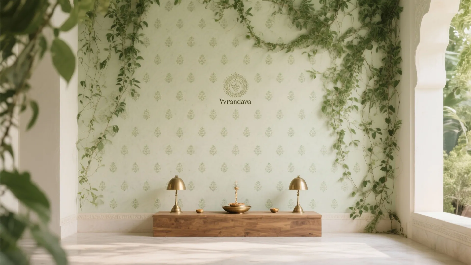 Light green patterned wallpaper with hanging green vines two gold lamps on a wooden shelf