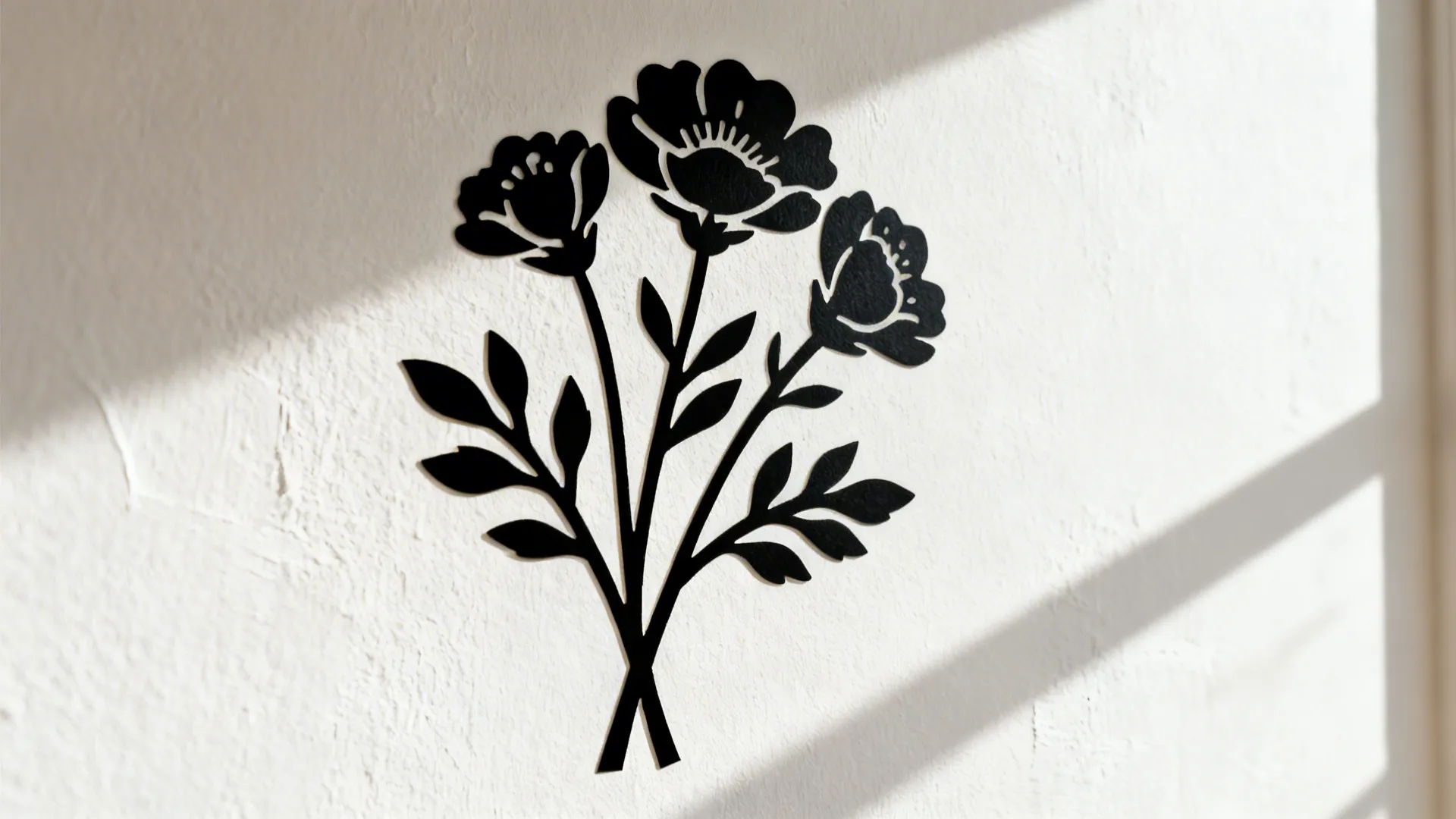 Close-up of matte black botanical wall decal with crisp edges on a warm white wall.