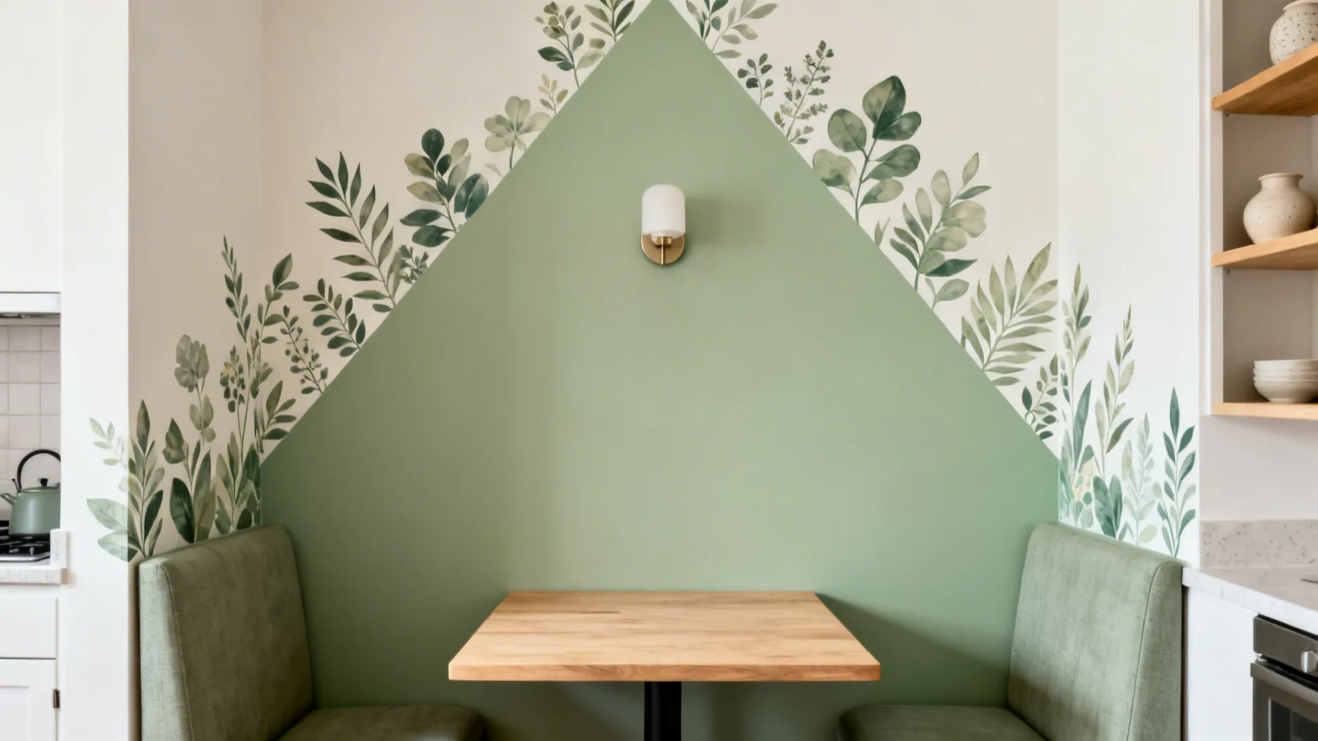 Breakfast nook with matte botanical wall decals framing a light wood table and simple sconce.