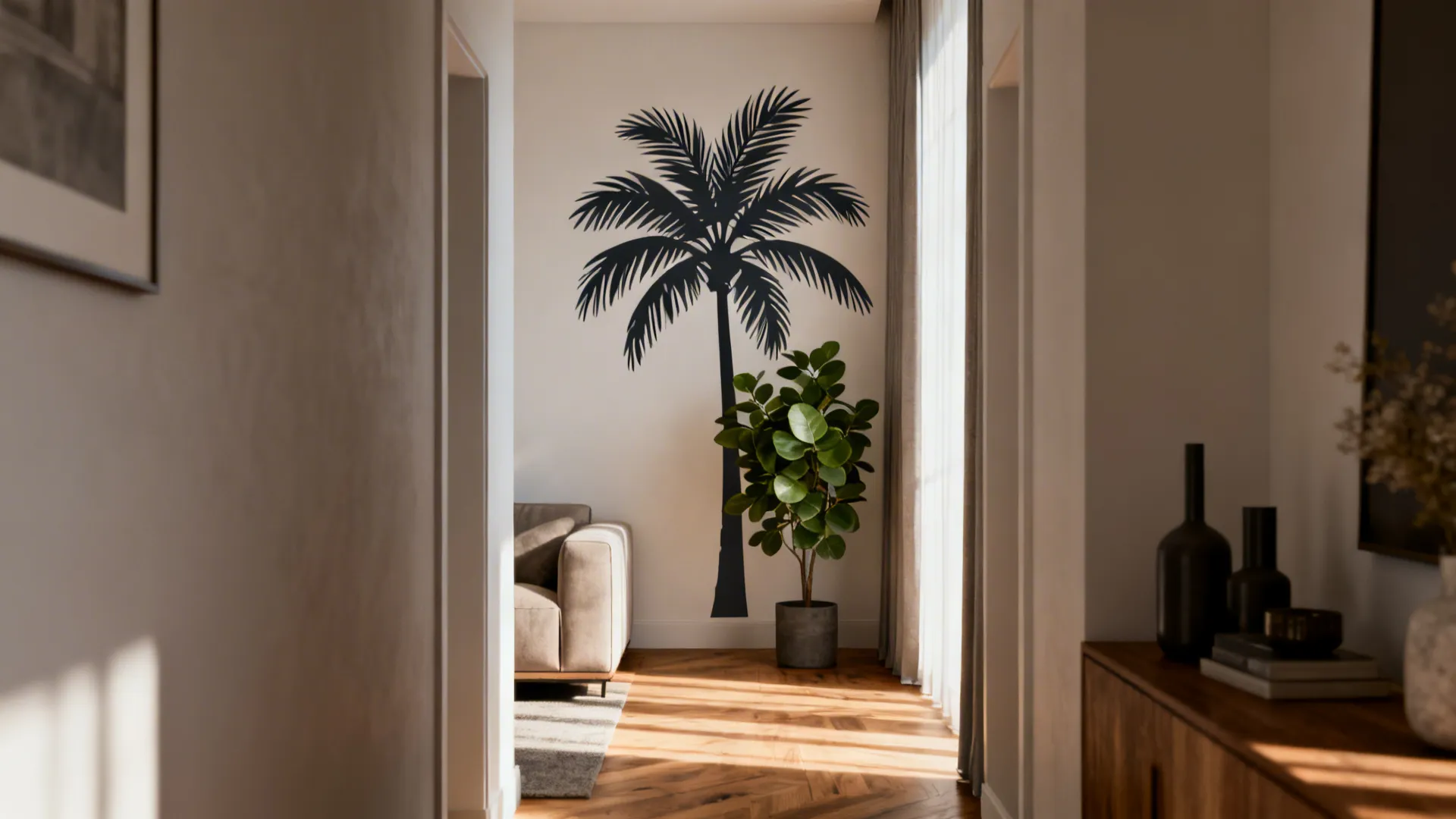 1: Large-scale botanical decals to open the room