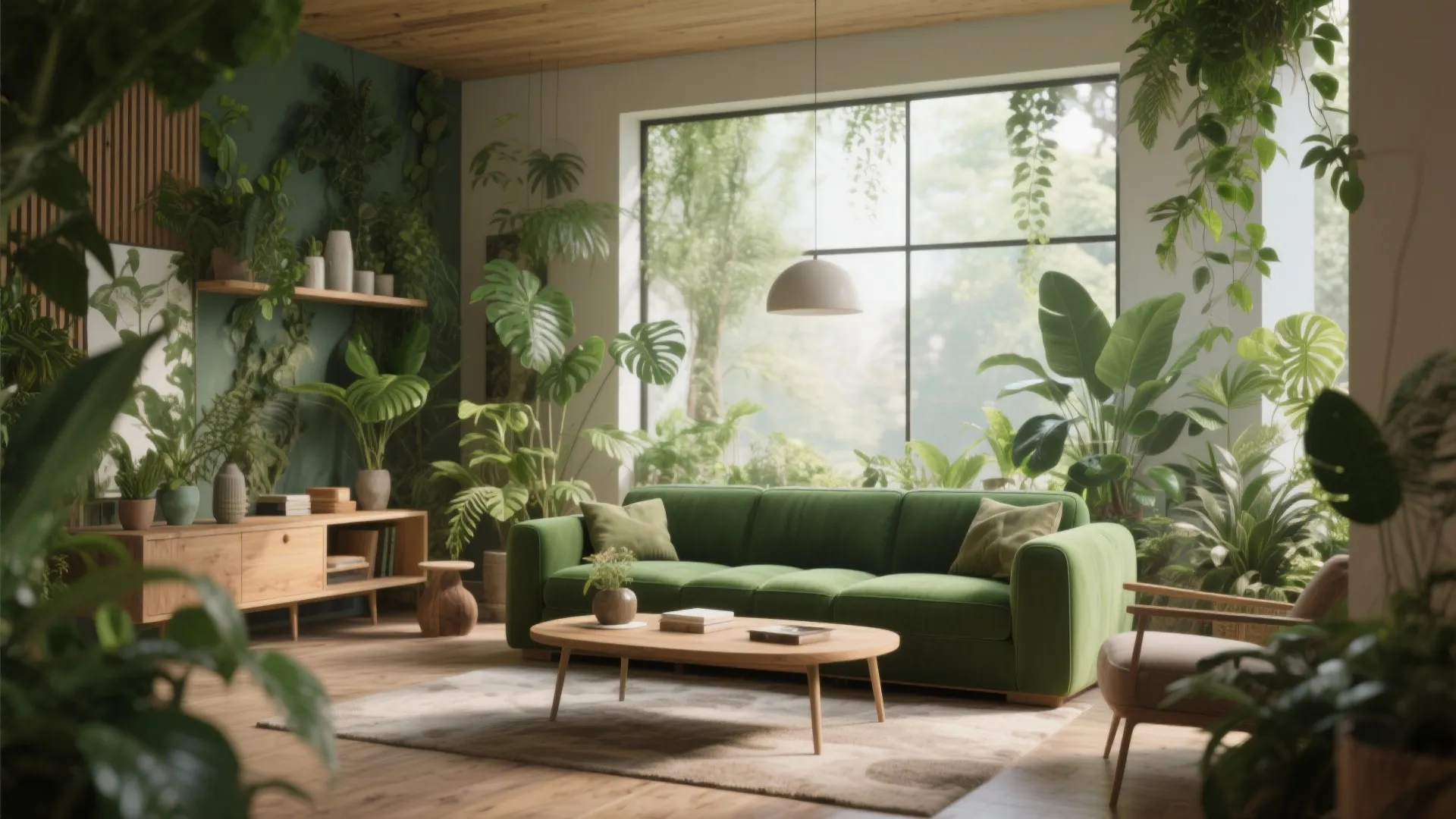 Indoor garden style living room with green sofa wooden furniture many plants and large window