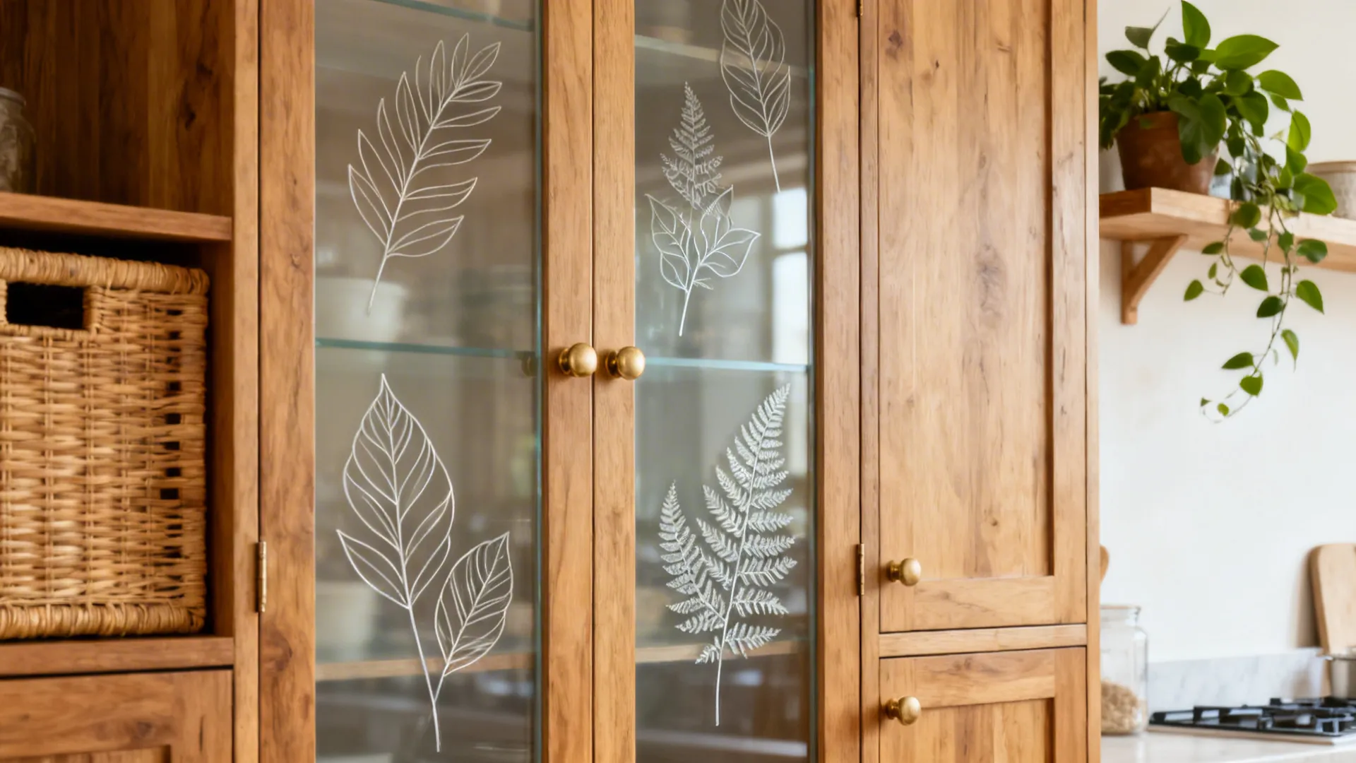 Wooden cabinet with glass doors featuring white etched leaf patterns and botanical designs on glass