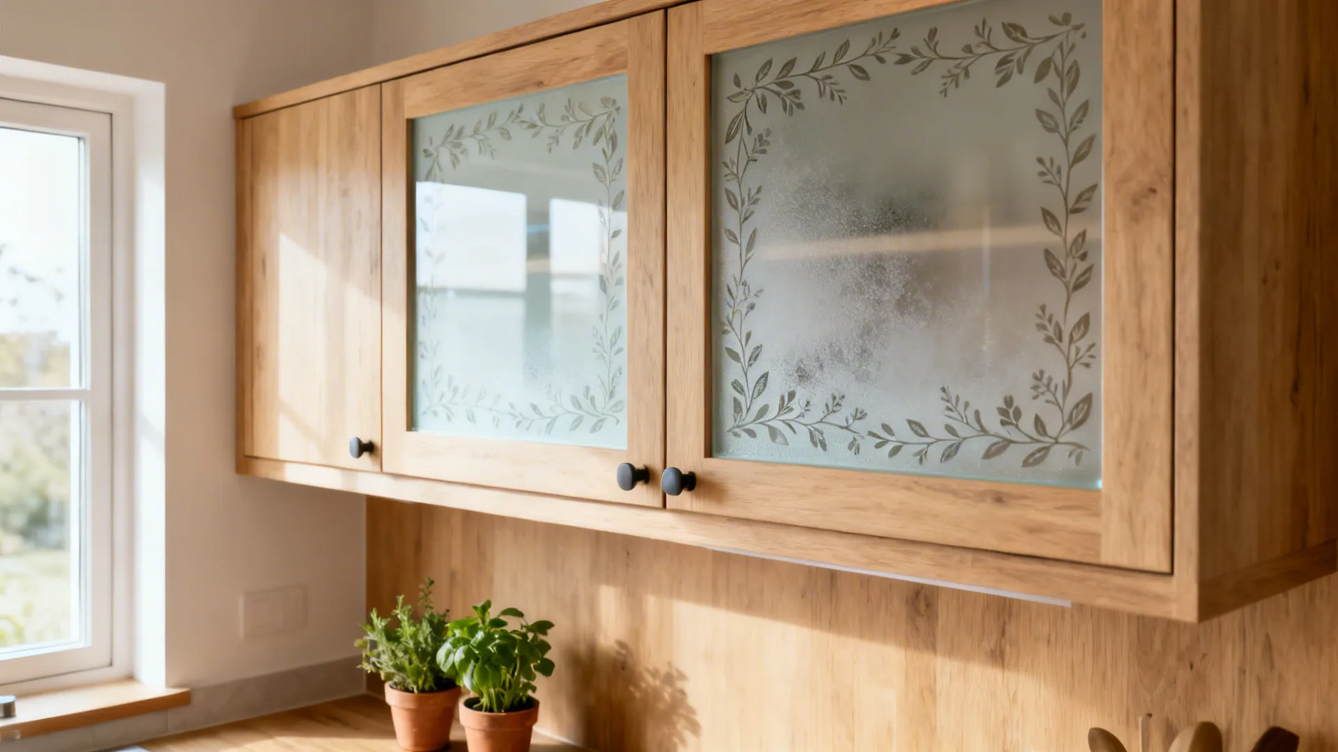 Upper cabinet doors with fine etched leaf linework framing the glass, softening a light-wood kitchen.