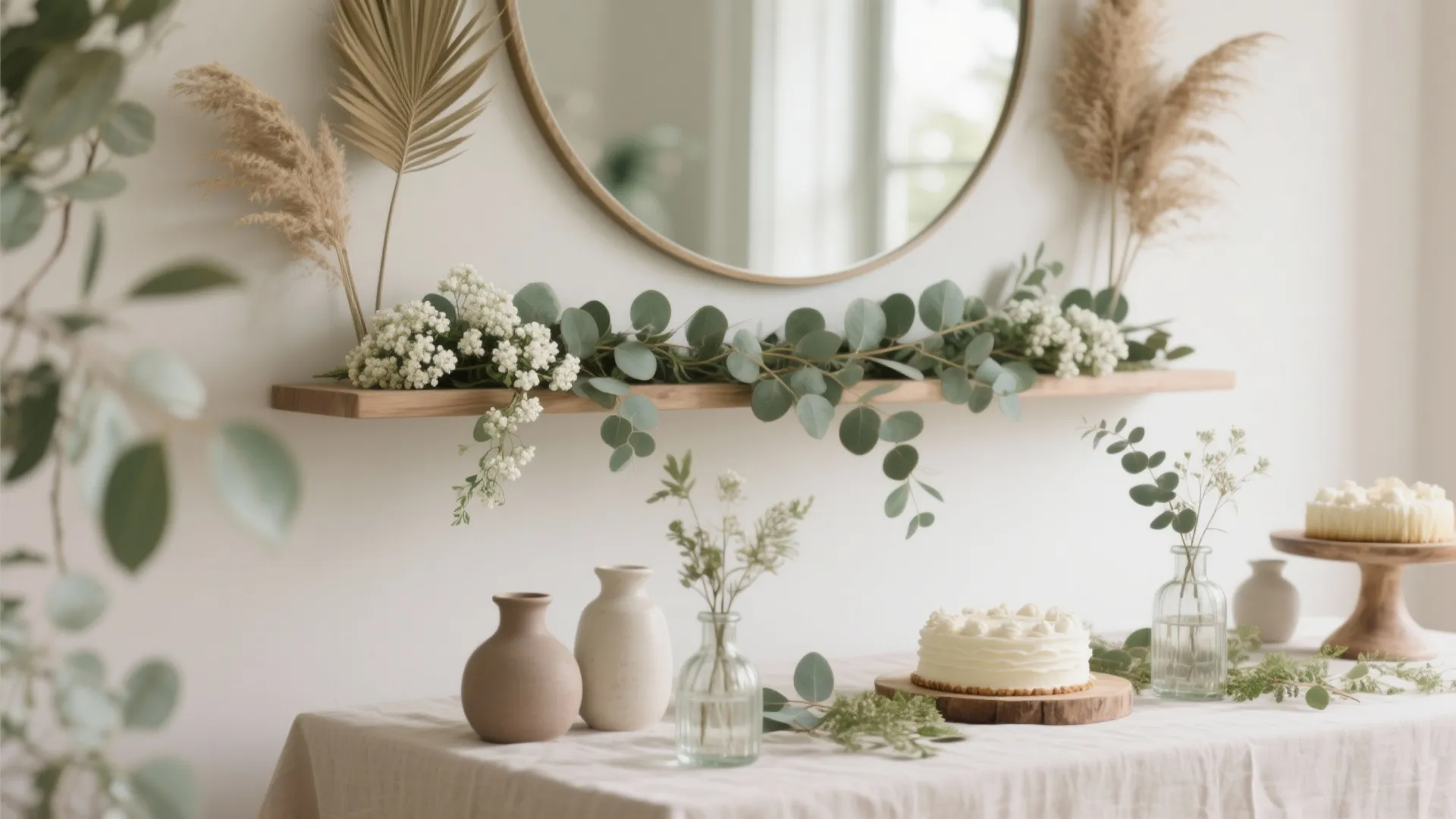 Elegant white dining table decorated with green leaves small white flowers round mirror and cake