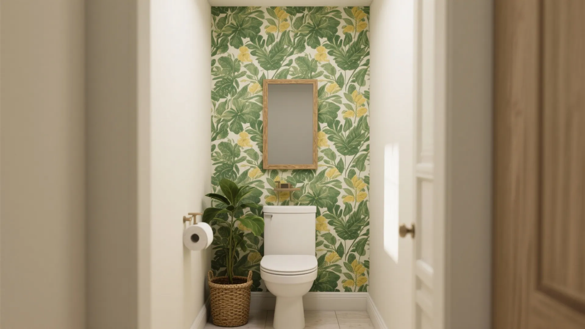 Small toilet room with green botanical wallpaper behind a white toilet and a potted plant