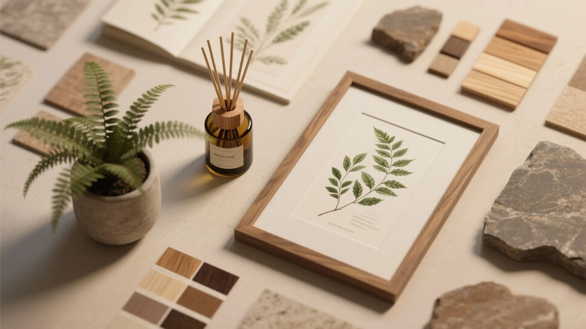Botanical design flatlay with wooden frame leaf print small plant mood board and oil diffuser