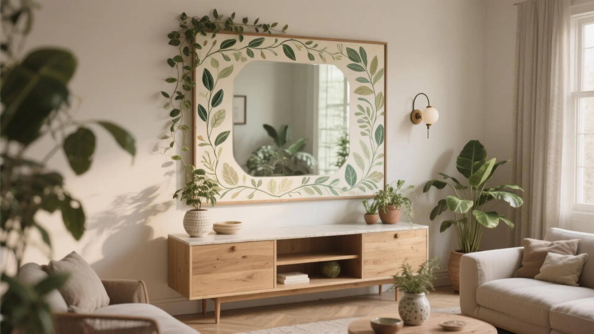 Bright living room featuring botanical wall mirror above wooden cabinet with green plants and sofa
