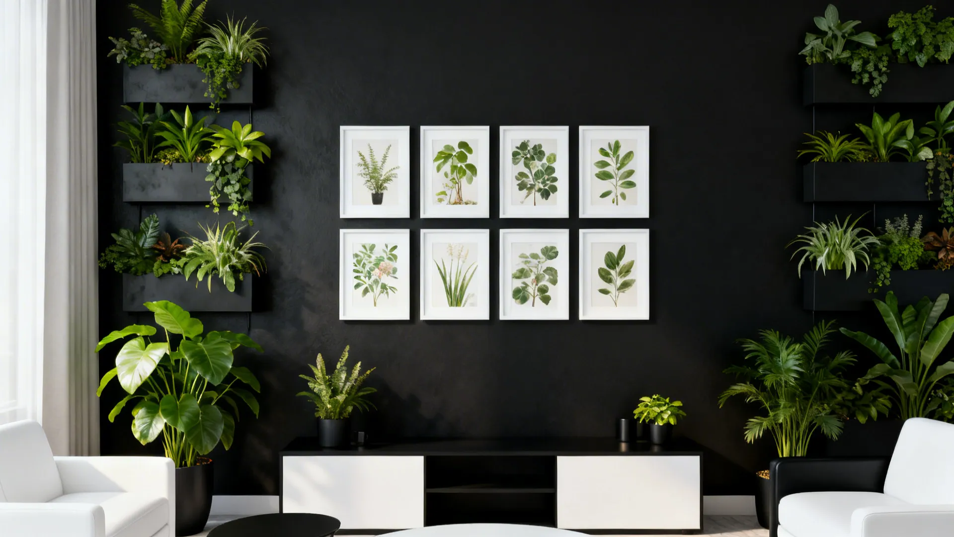 Matte black wall with white-framed botanical prints and living planters
