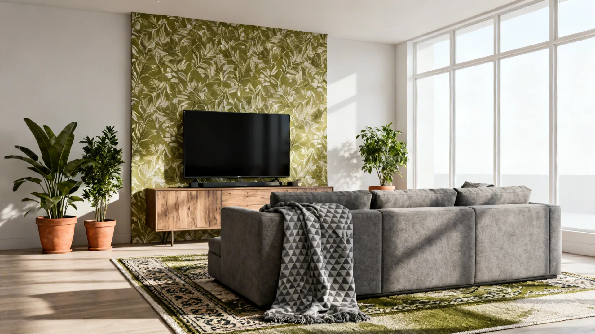 Botanical wallpaper panel in olive tones paired with geometric grey throws on a sofa.