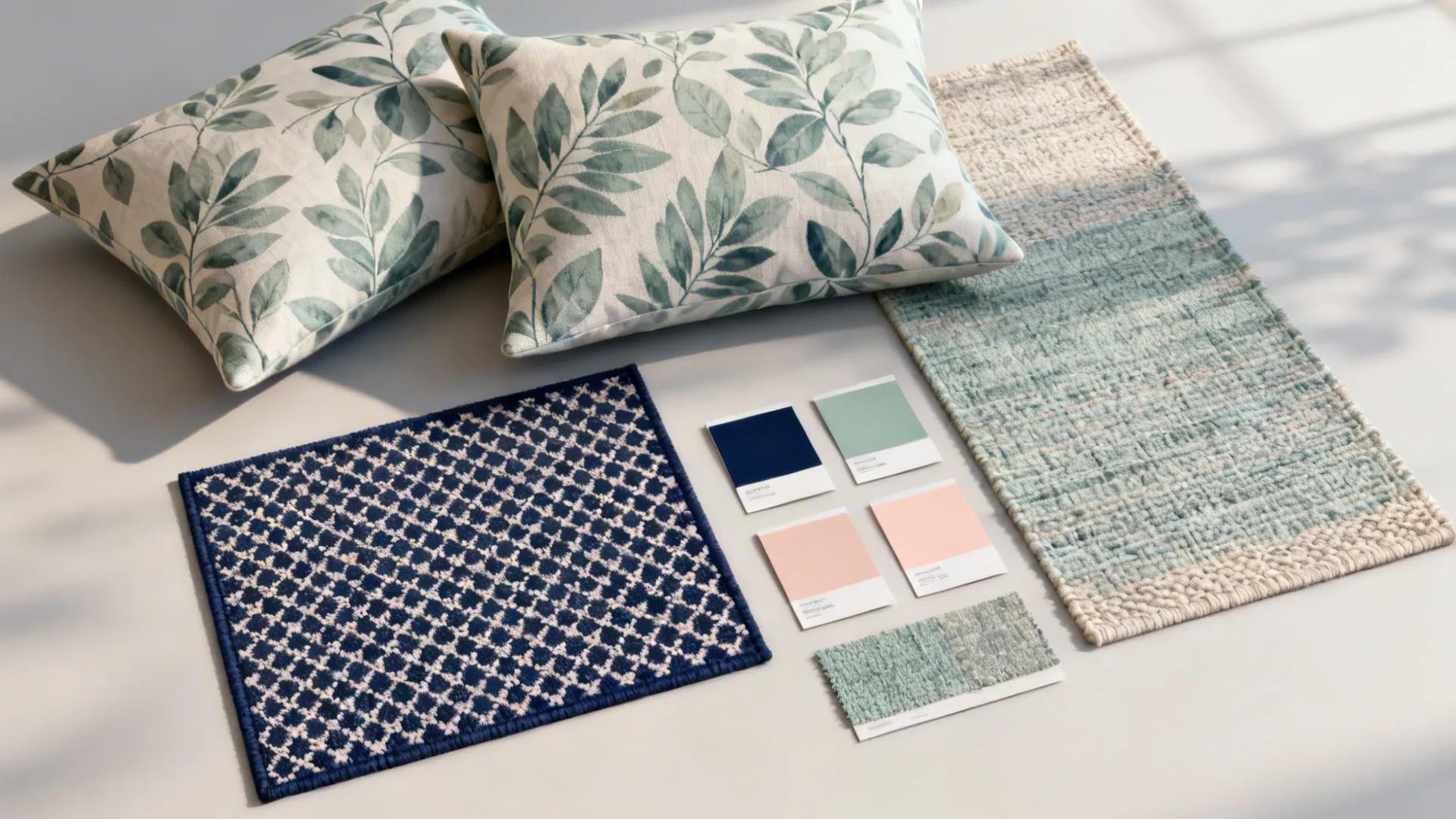 Two floral pillows with leaf patterns next to rug samples and four colorful paper swatches