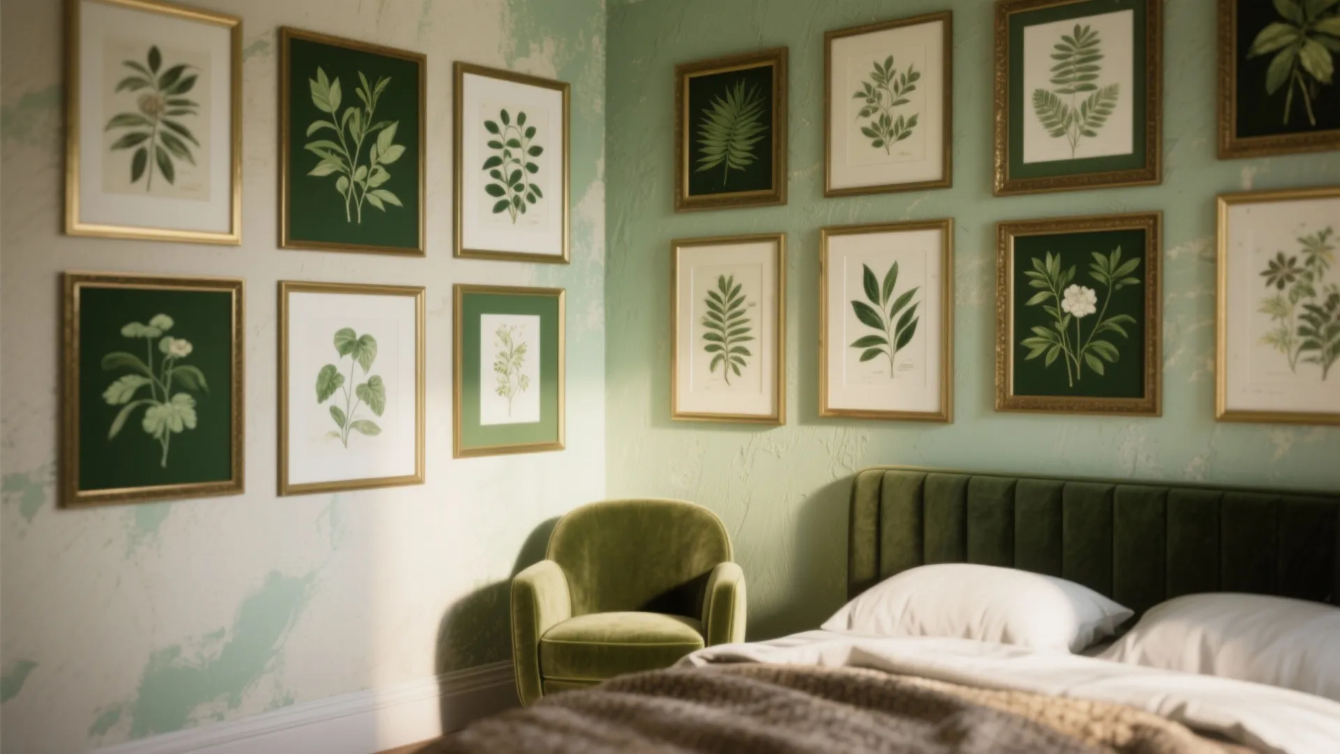 Bedroom wall with many framed botanical art prints green velvet chair and soft sunlight indoor