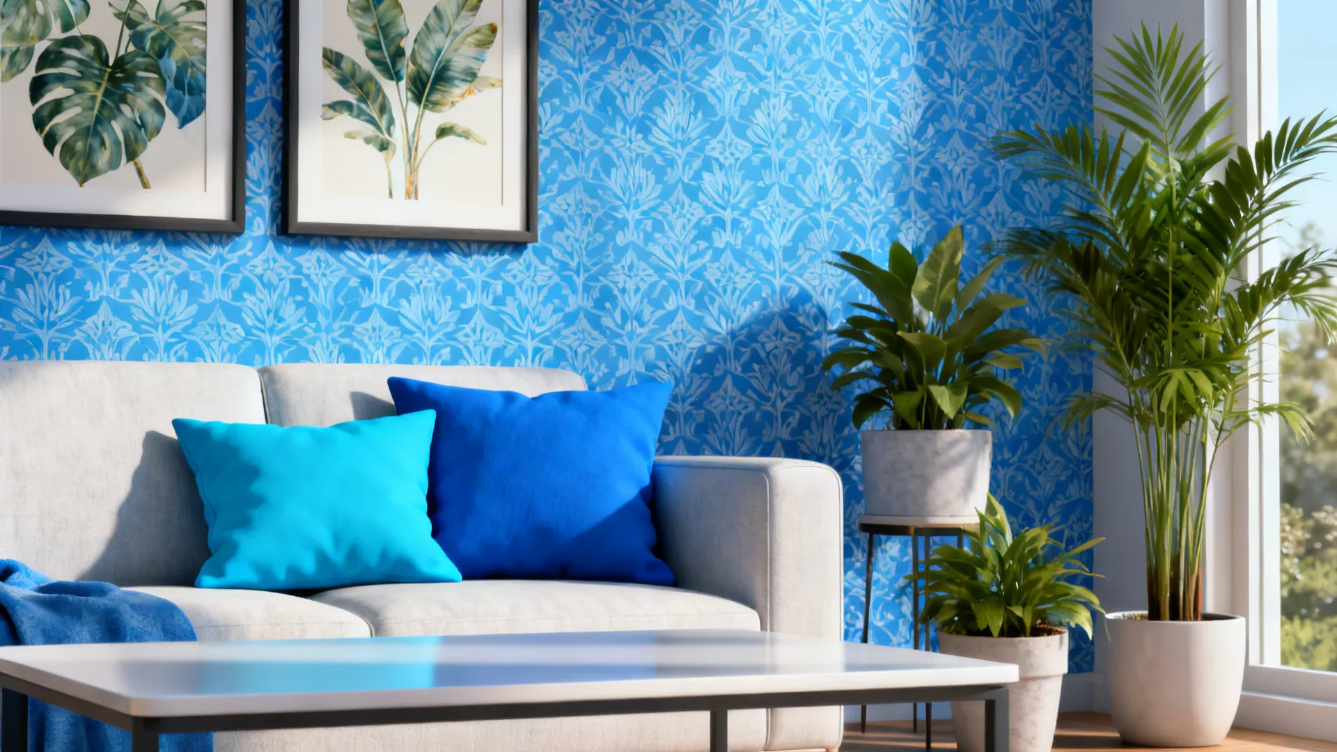 Botanical prints with cobalt pillows and streamlined coffee table, layered plants