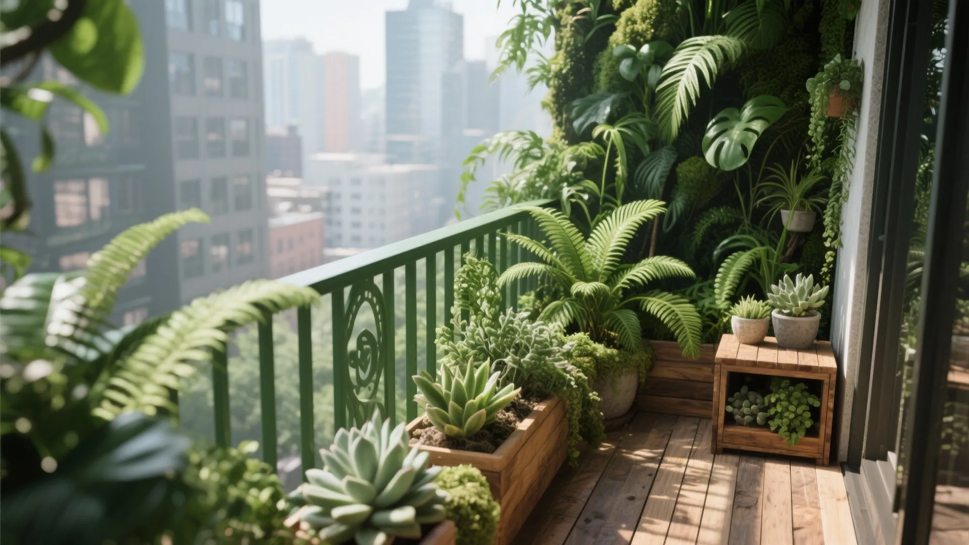 Green balcony with many plants succulents wooden floor green railing and a hazy city view