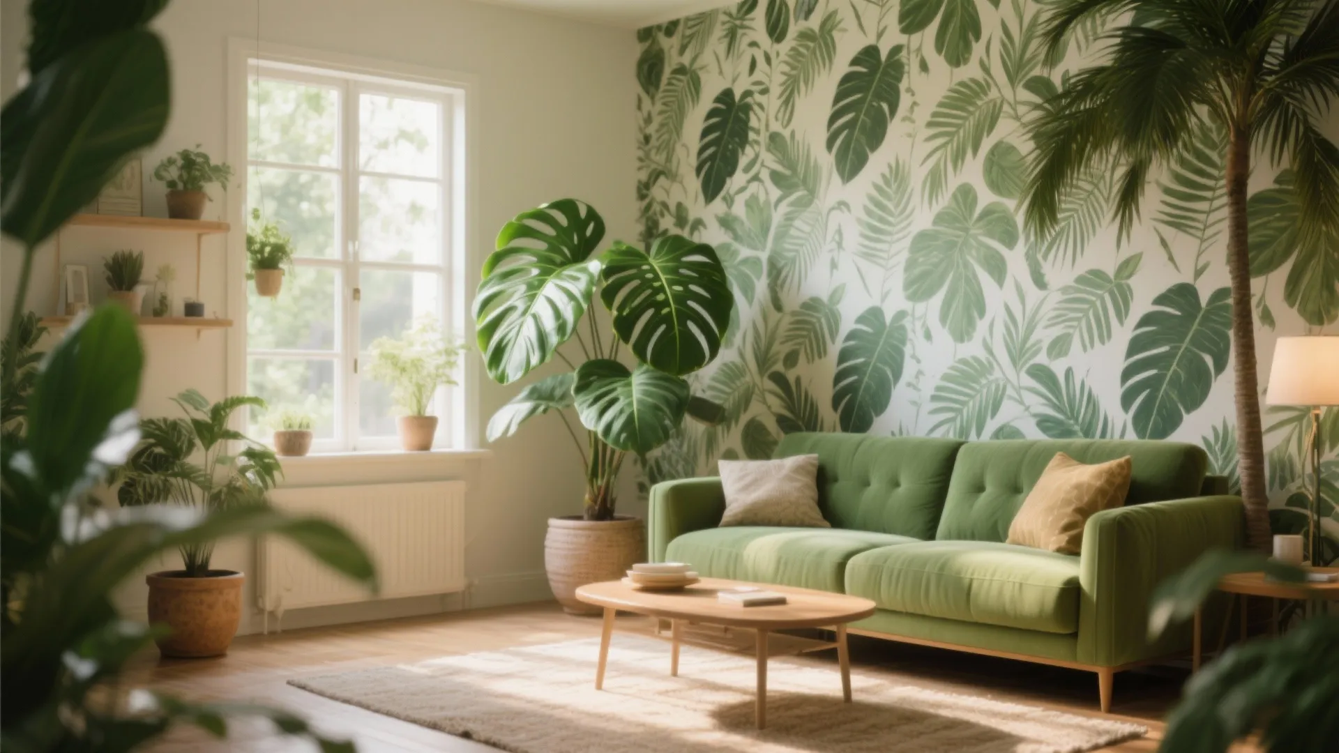 Bright living room with green sofa wooden coffee table botanical leaf wallpaper and green plants