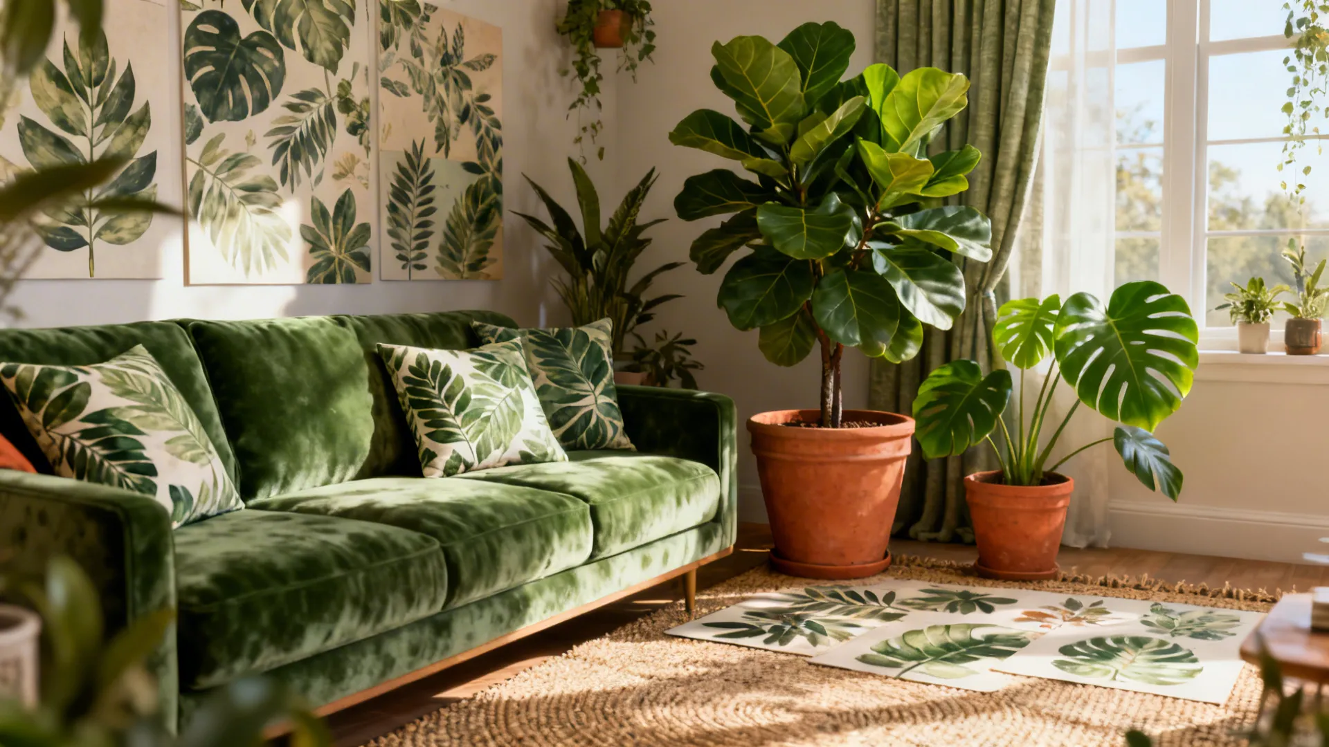 Green couch surrounded by leafy-patterned cushions, terracotta pots and a large indoor plant.