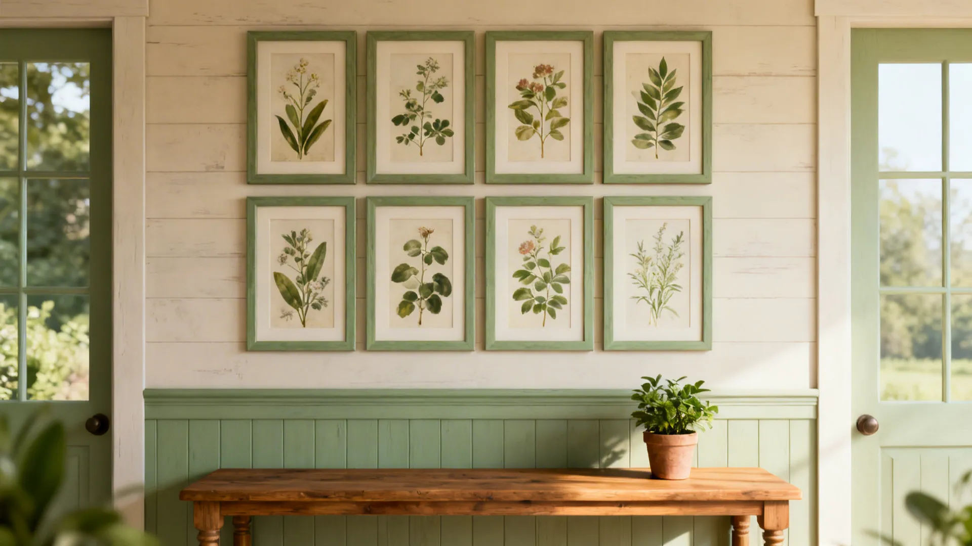 Crisp grid of botanical prints in matching frames above a console table in farmhouse style