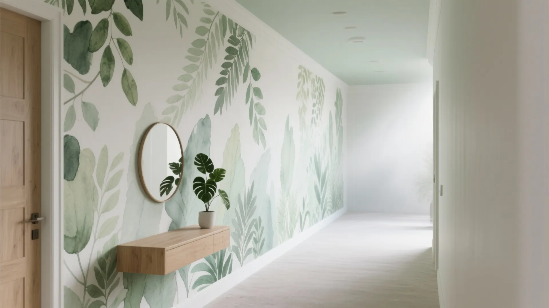 White hallway with green botanical wall mural and wooden floating shelf featuring plant and round mirror