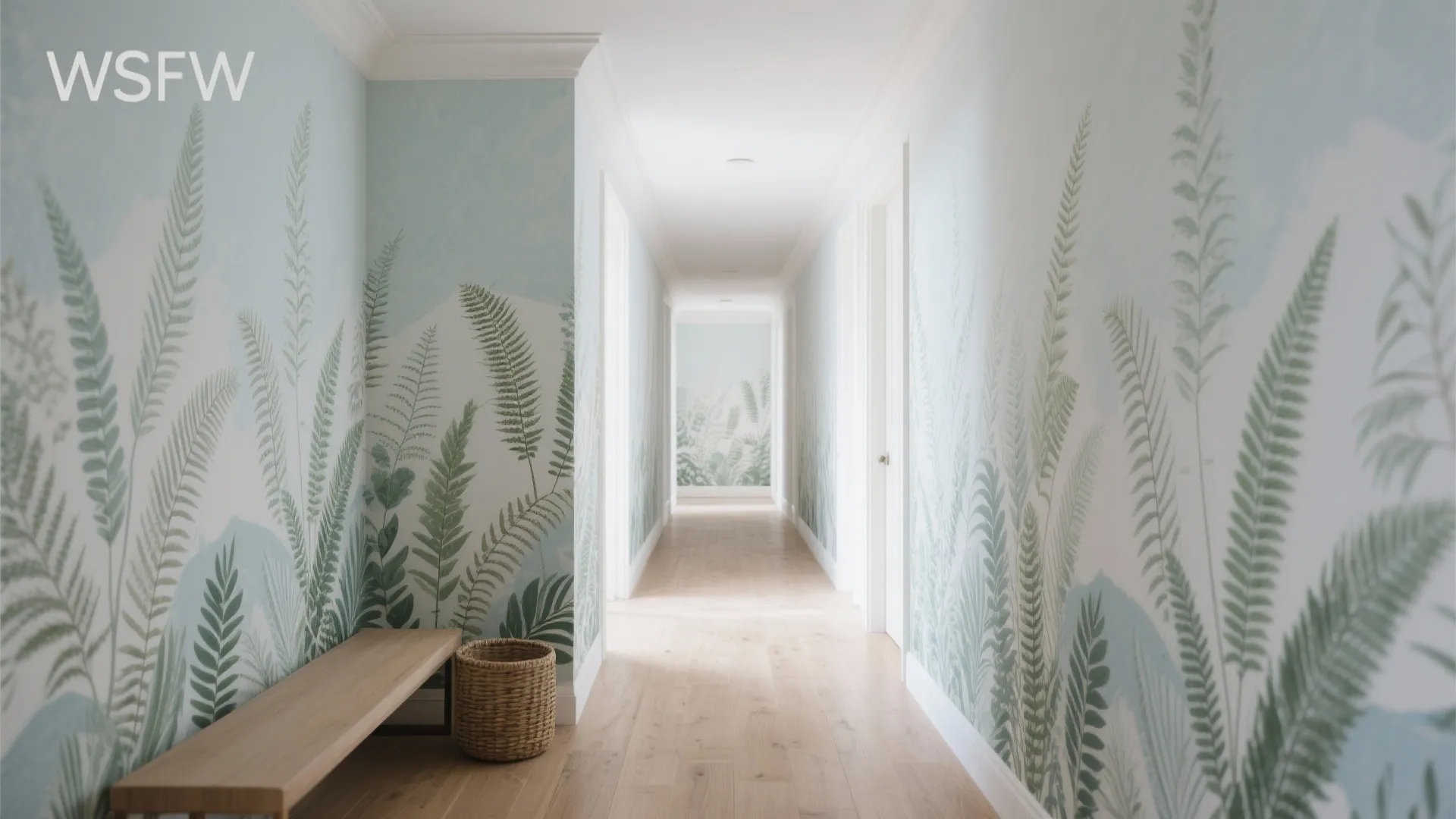 Bright white hallway featuring green leaf wallpaper wooden bench woven basket and light wood floor design