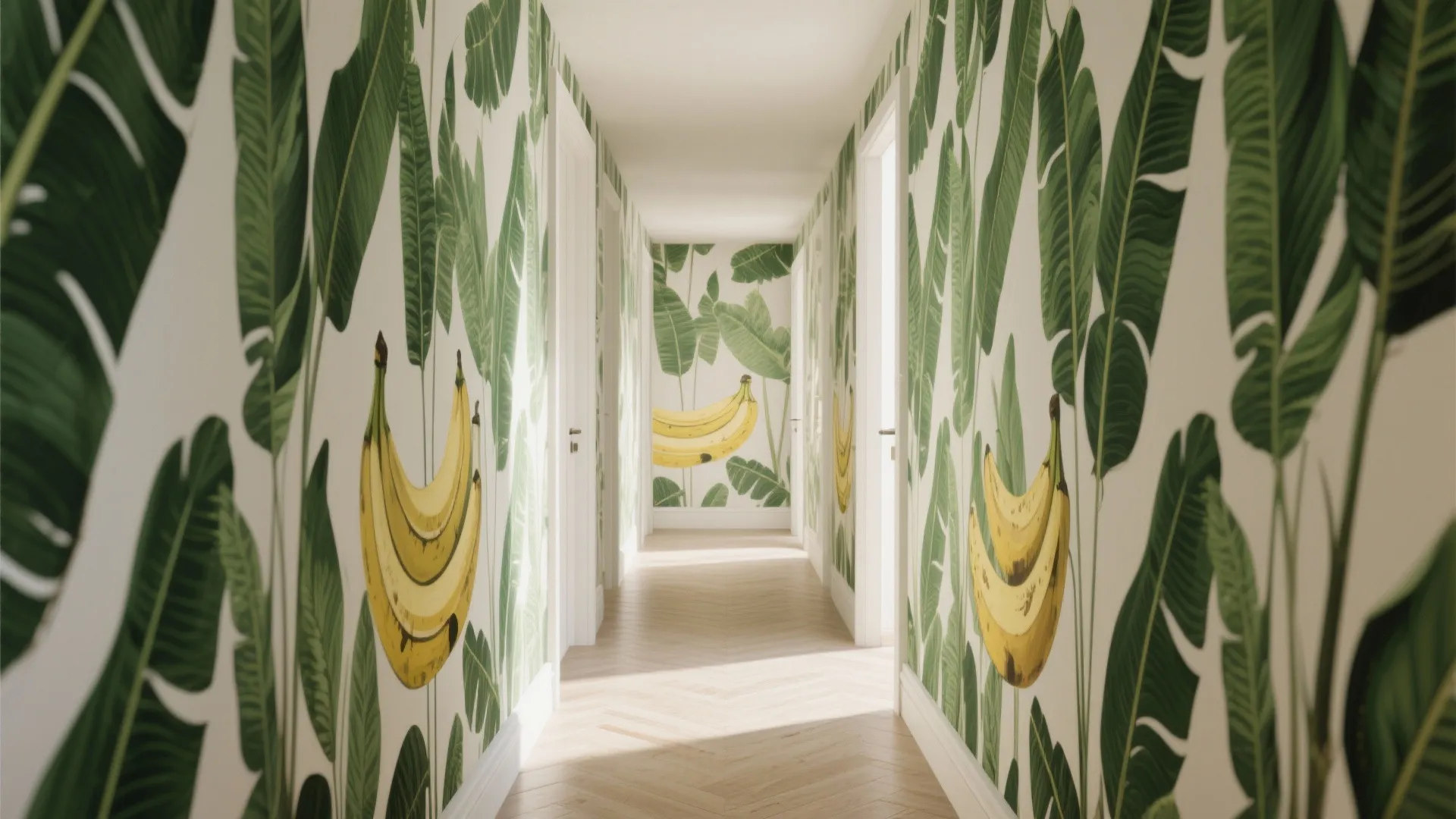 Bright hallway featuring bold botanical wallpaper with large green leaves and yellow bananas on wall