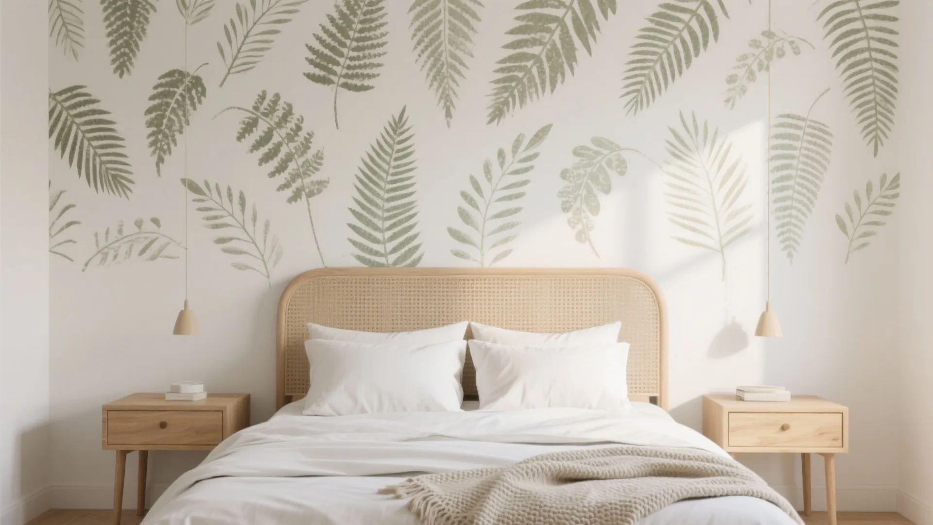 Bright bedroom with leaf pattern wallpaper wooden bed two nightstands and hanging small light fixtures