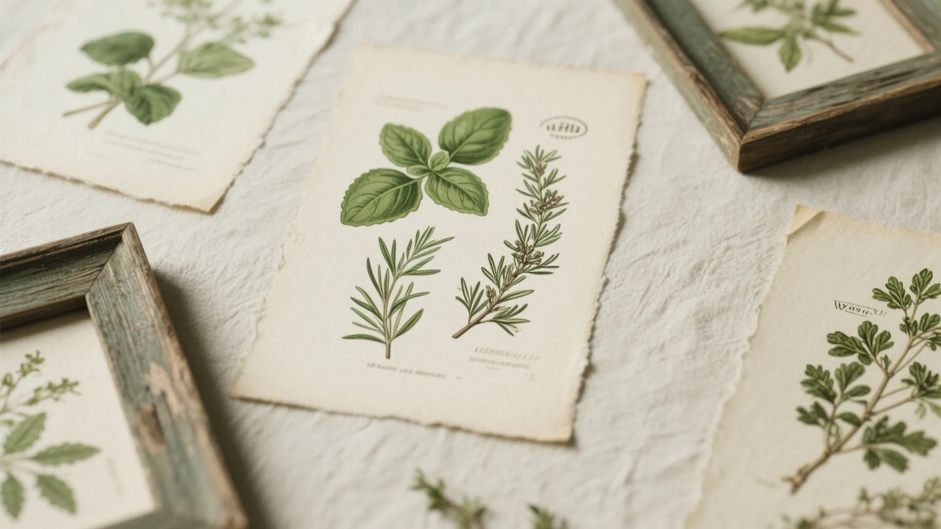 Vintage botanical kitchen wall art prints with green herb drawings on paper in wooden frames