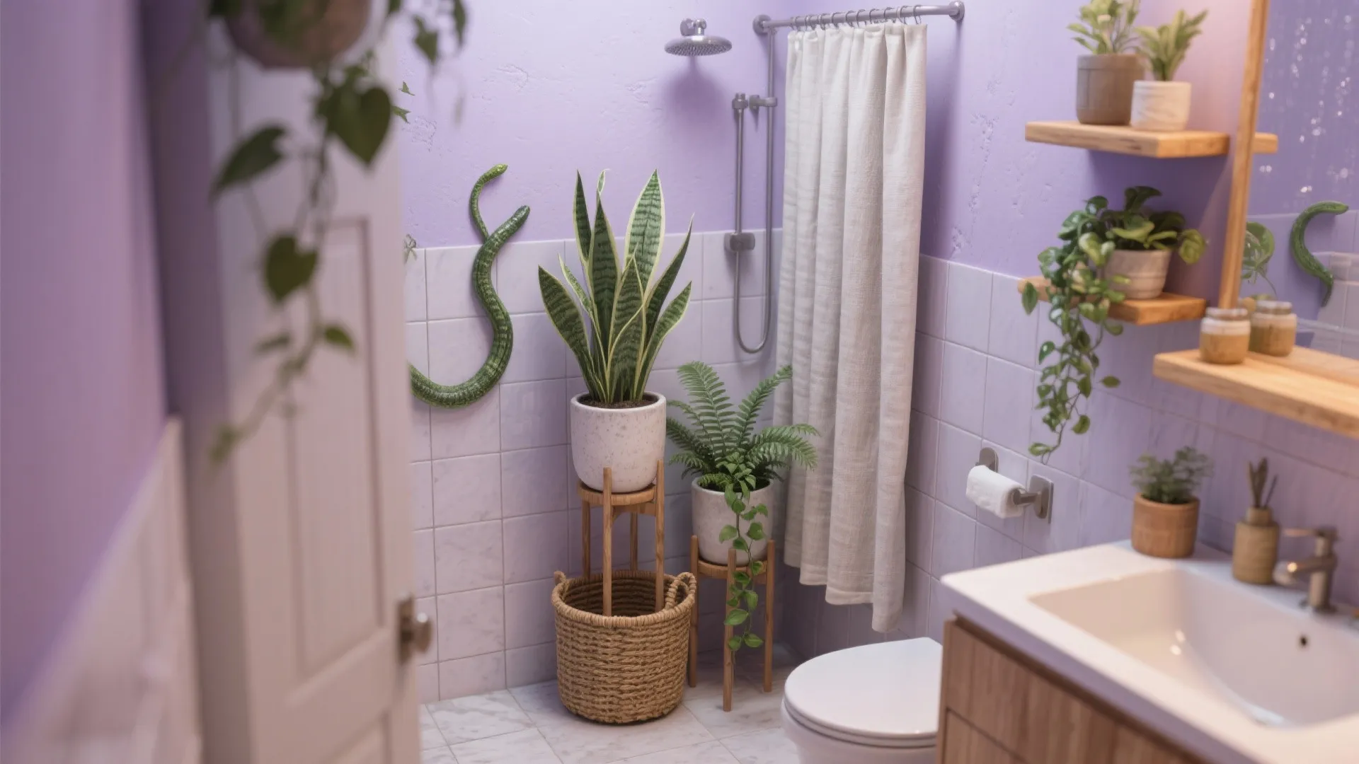Lavender bathroom interior with green plants shower curtain toilet wooden shelves and white sink area