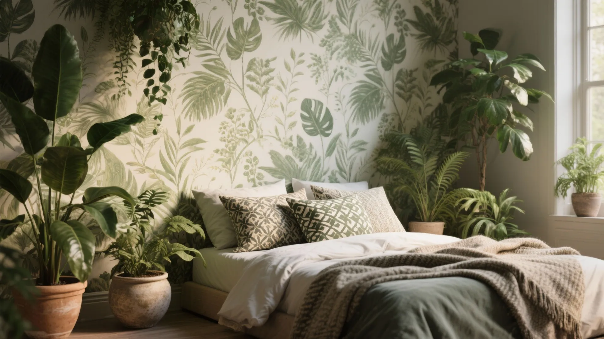 Cozy bedroom with tropical leaf wallpaper many indoor green plants white bedding and soft natural light