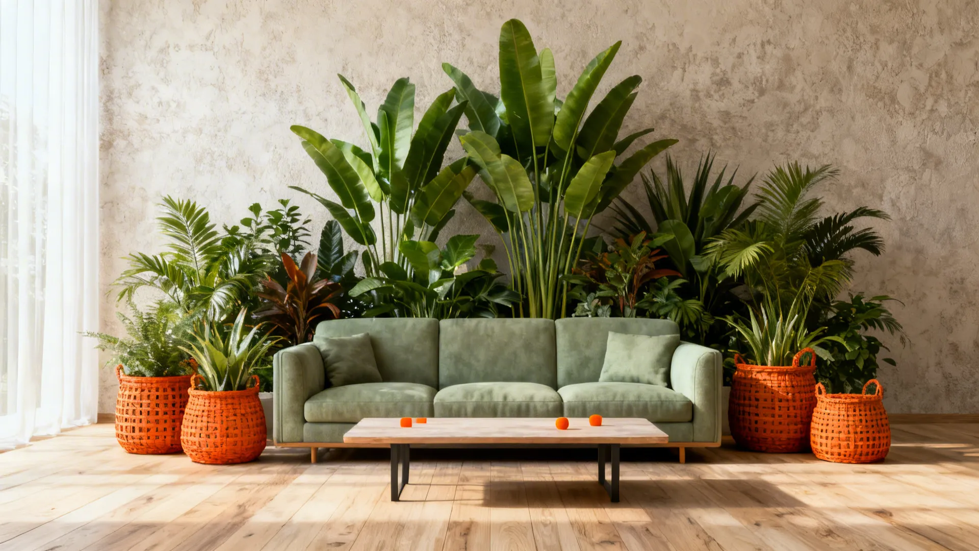 Sage seating backed by tall plants and burnt orange planters adding warmth and texture.