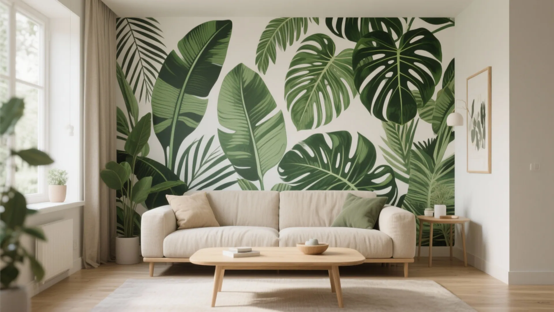 Bright living room with green leaf wall mural white sofa and light wood coffee table