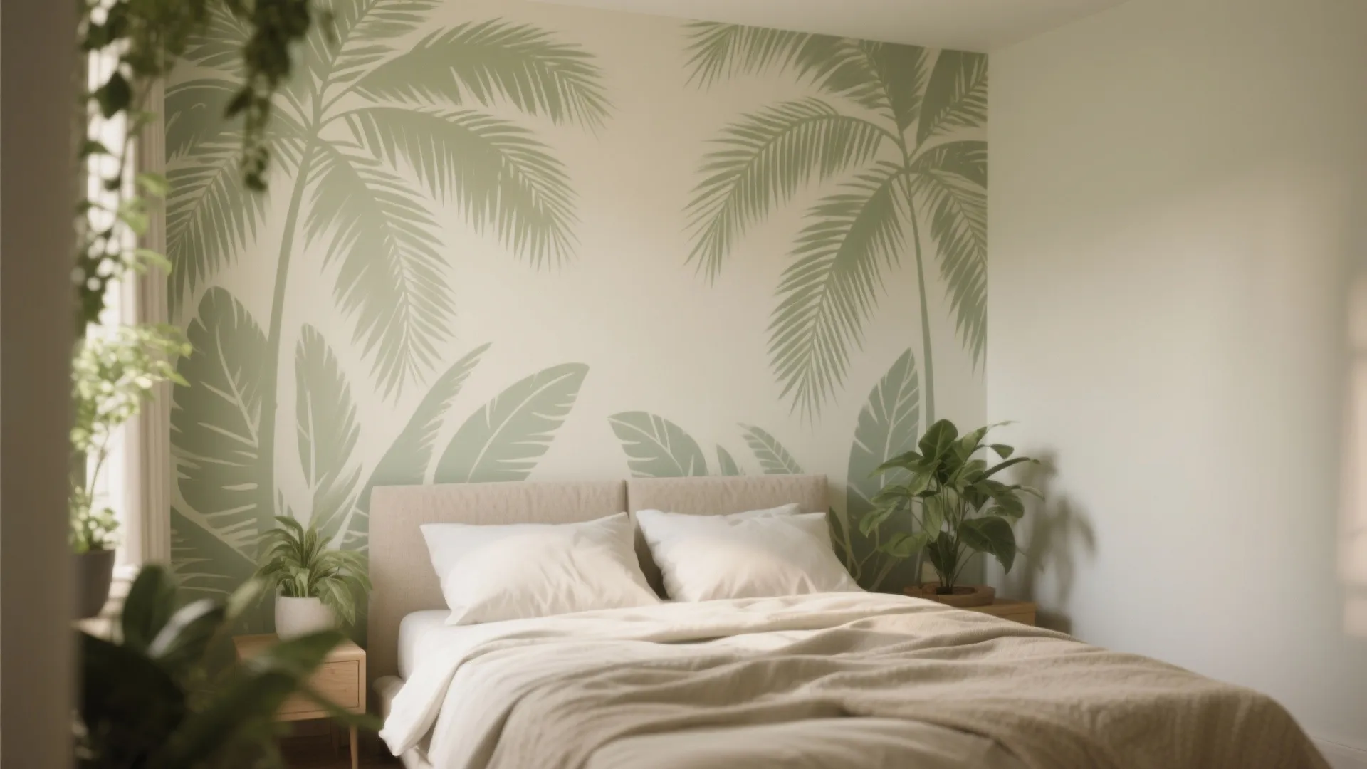 Modern bedroom with green palm leaf wall pattern, white bed sheets, pillows, and small plants