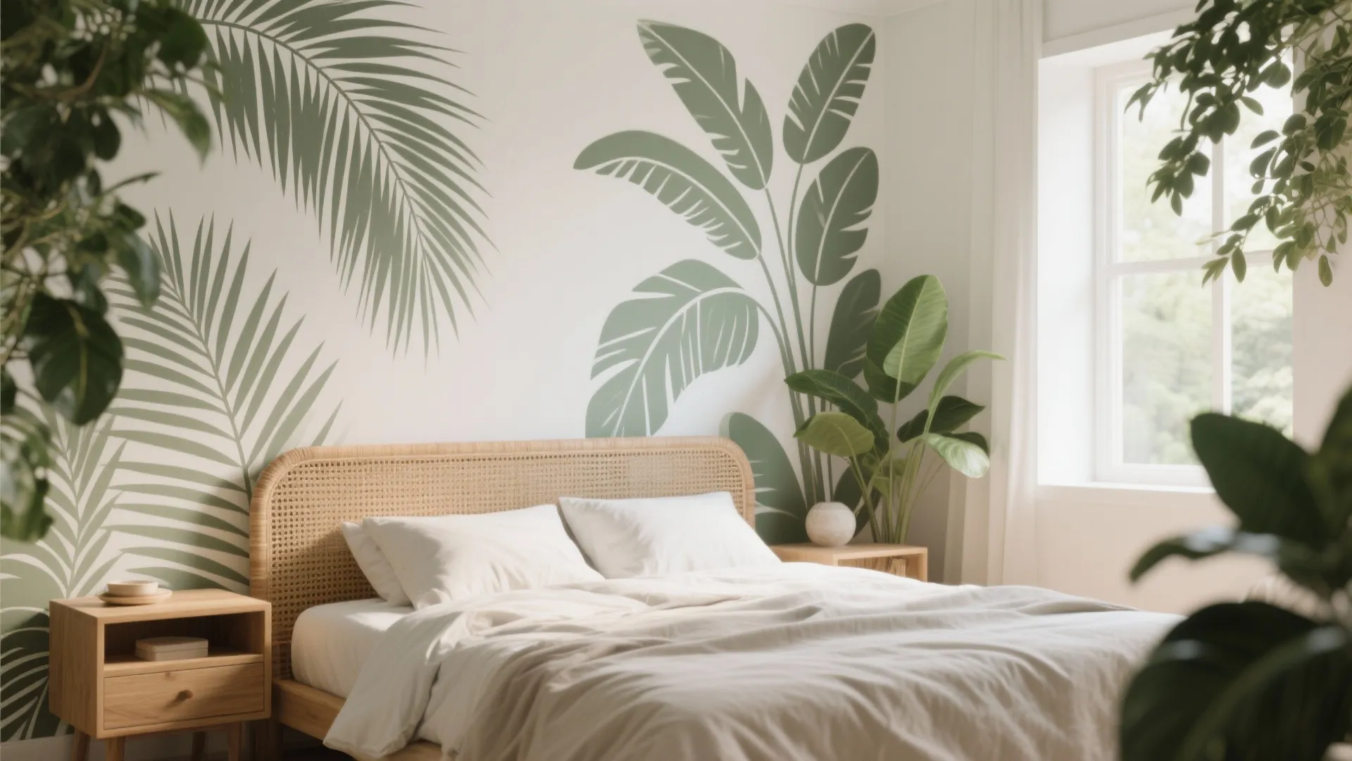 Bright bedroom with green tropical leaf wall design wooden side table and natural light from windows