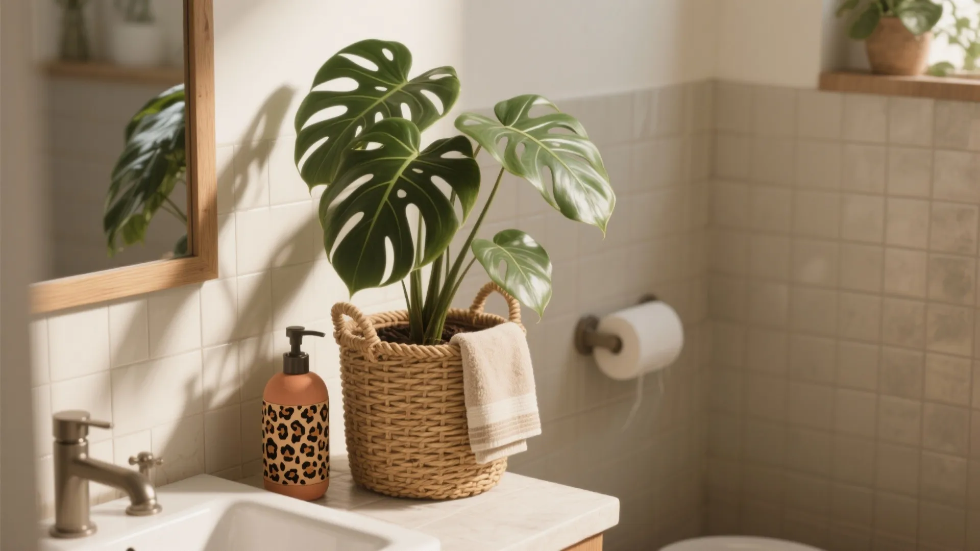 Bathroom sink area with green plant in basket next to leopard print soap bottle and mirror