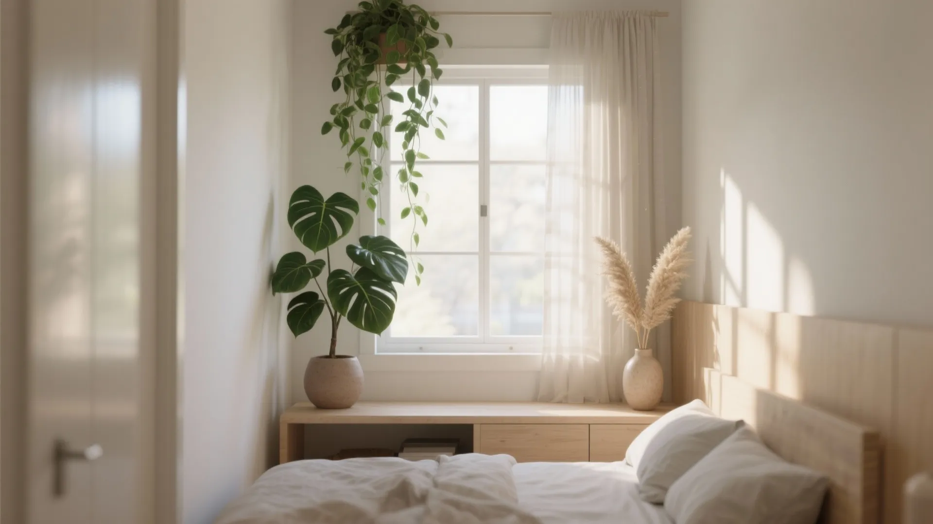 Minimalist bedroom featuring white bedding, indoor plants, wooden furniture, and soft sunlight from a window