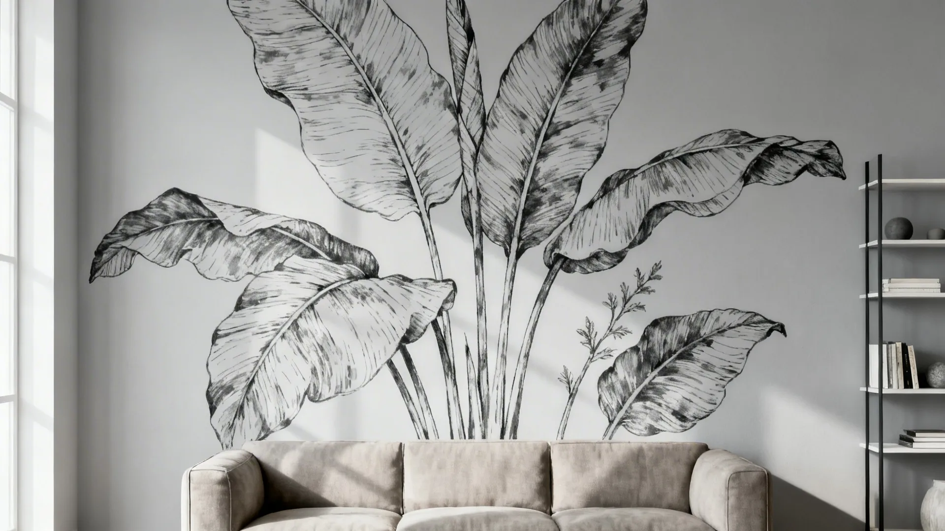 Large black and white leaf drawing on a wall behind a beige sofa and shelves
