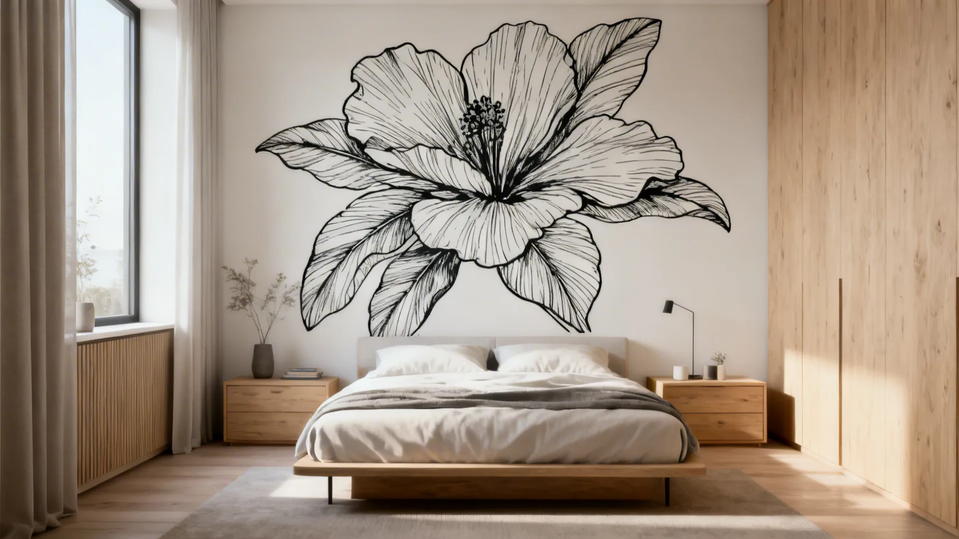 Small bedroom with oversized single-line botanical mural and minimalist furnishings.