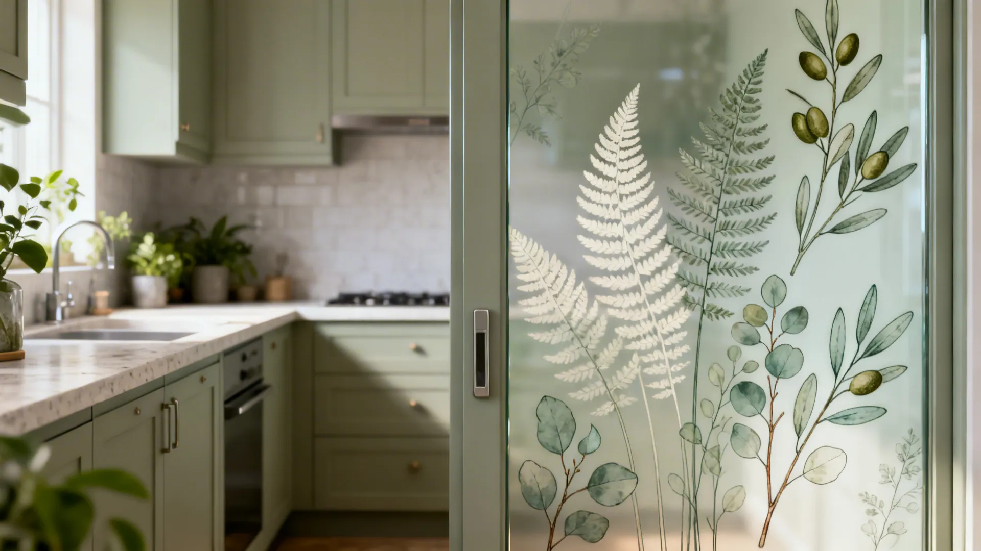 Kitchen glass door with delicate botanical line art in off-white and sage creating a soft organic feel.