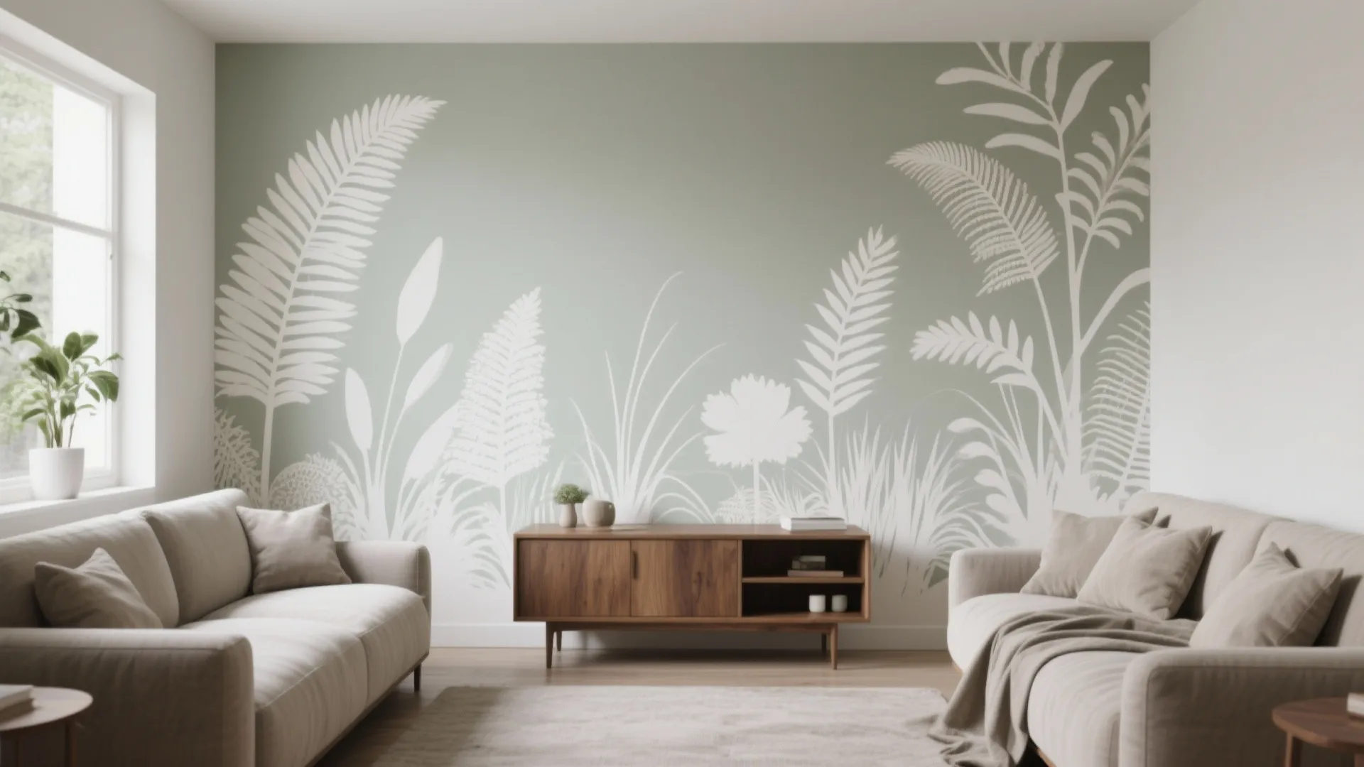 Modern living room featuring light green botanical wallpaper behind a wooden cabinet and beige sofas