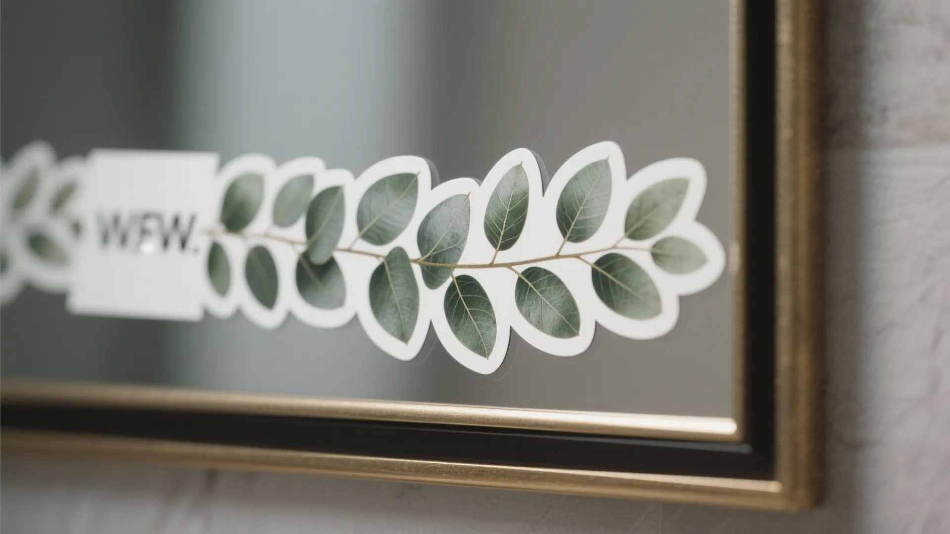 Close up of botanical leaf stickers applied to a mirror surface for a natural home decoration