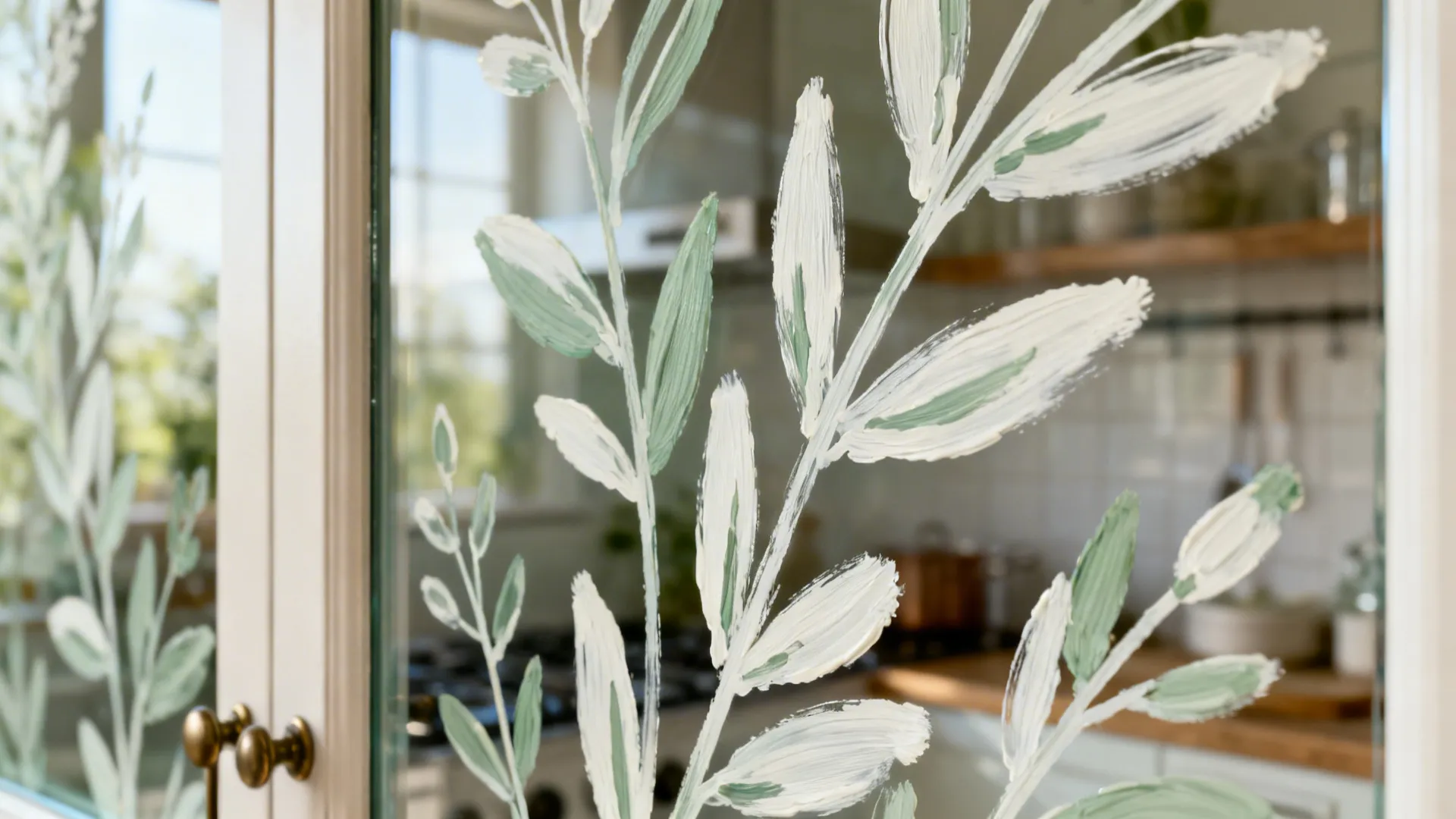 Macro of hand-painted botanical strokes on glass with off-white and muted sage details under soft daylight.