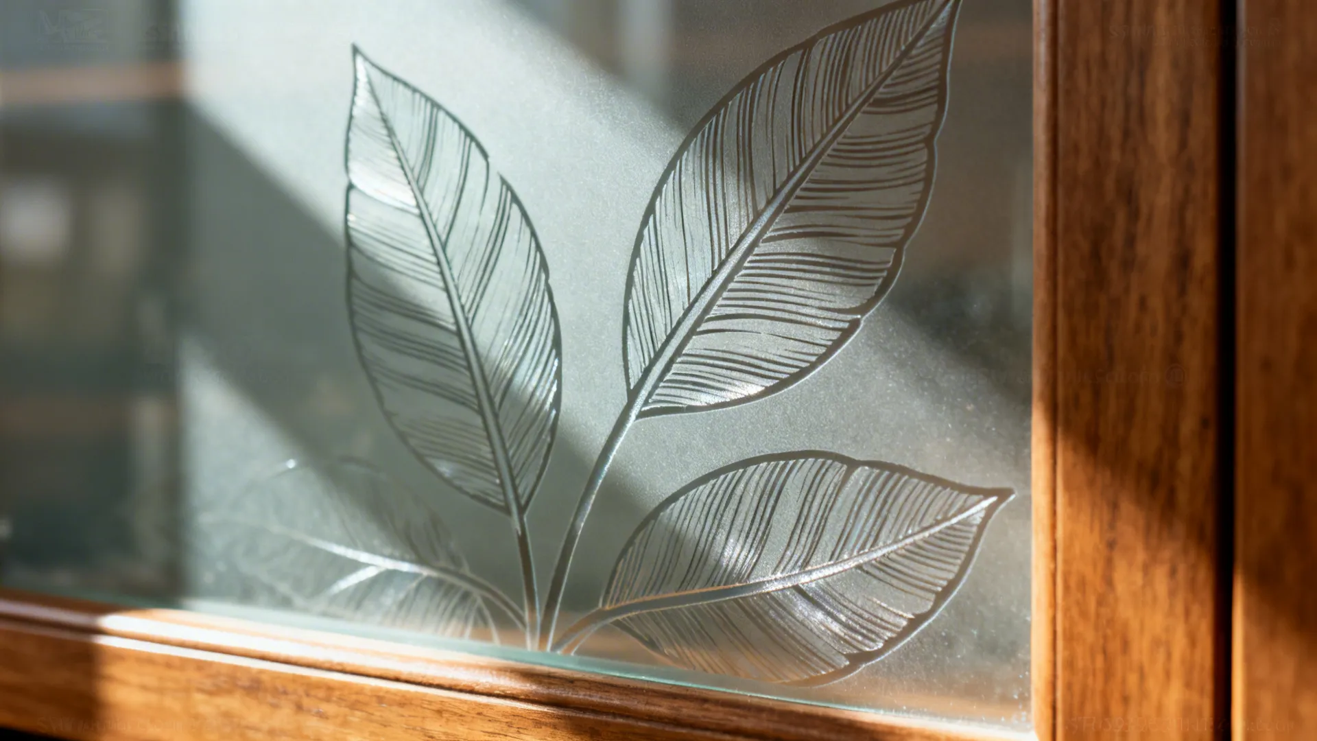 Close up of frosted glass with leaf patterns and wooden frame under warm natural sunlight