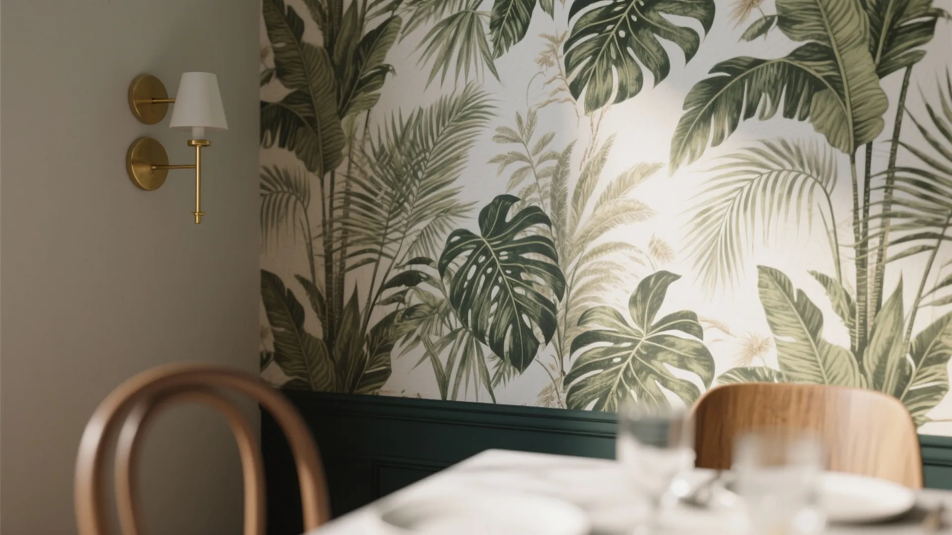 Dining area featuring tropical leaf pattern wallpaper a gold wall light and a dark green wall