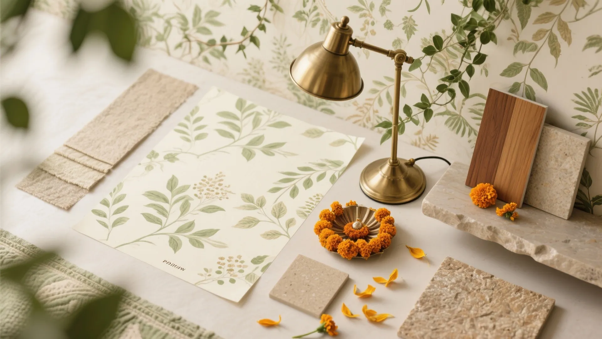 [
  {
    "url": "https://coohom-biz-sg-s3.coohom.com/ins/static/article/botanical-material-flat-1761971052684634800.jpg",
    "alt": "Gold desk lamp, botanical wallpaper, fabric strips, wood samples, stone tiles, and small orange flowers"
  }
]