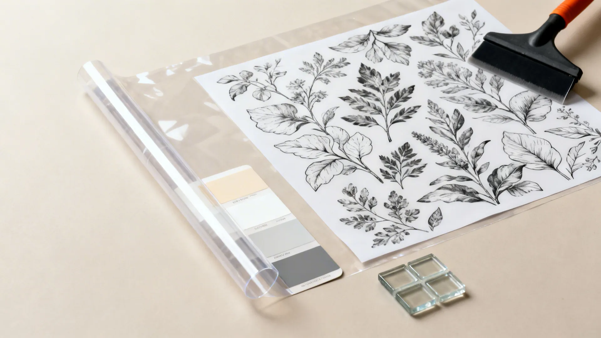 Flat lay with botanical decal sheets, carrier film, squeegee, and neutral paint chips.
