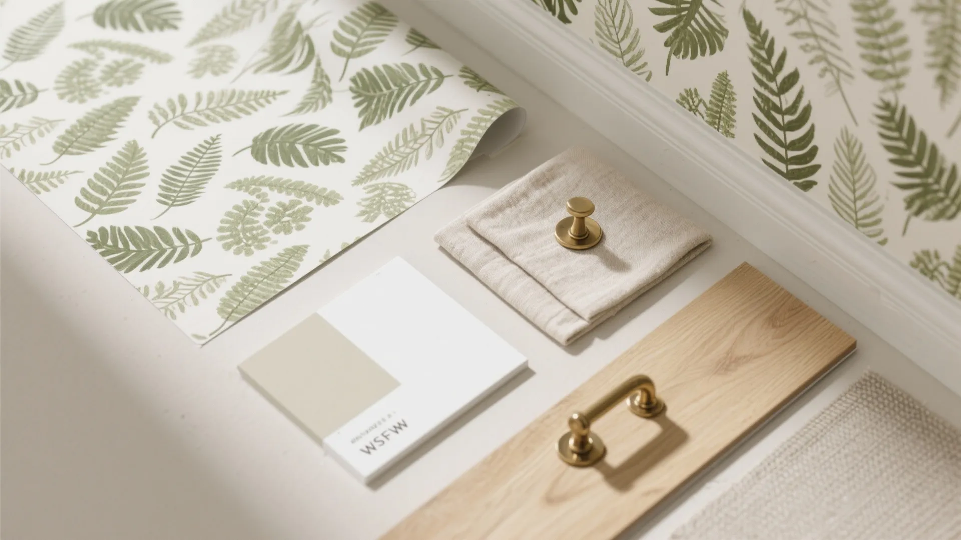 Interior design material board with leaf pattern wallpaper fabric wood sample brass handles and color card